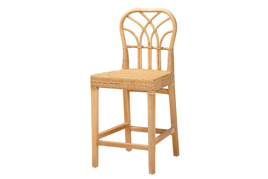 bali & pari Monaco Modern Bohemian Rattan and Mahogany Wood Counter Stool