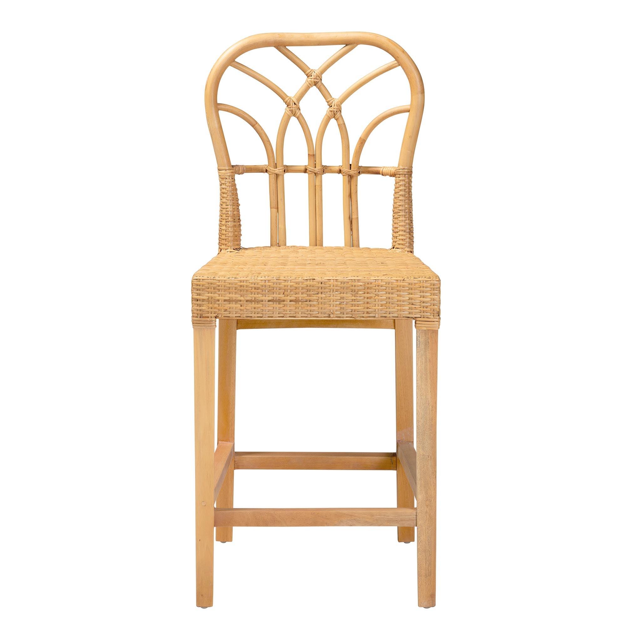 bali & pari Monaco Modern Bohemian Rattan and Mahogany Wood Counter Stool