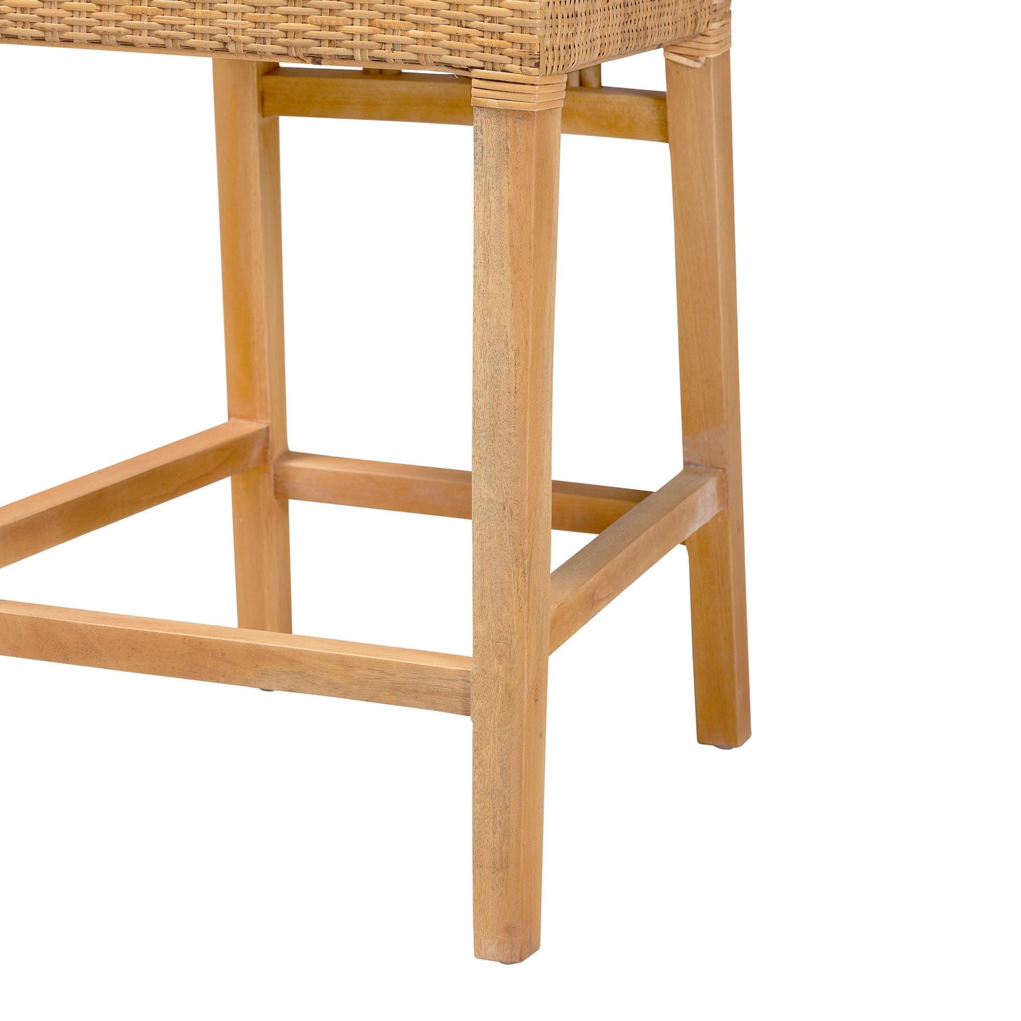 bali & pari Monaco Modern Bohemian Rattan and Mahogany Wood Counter Stool