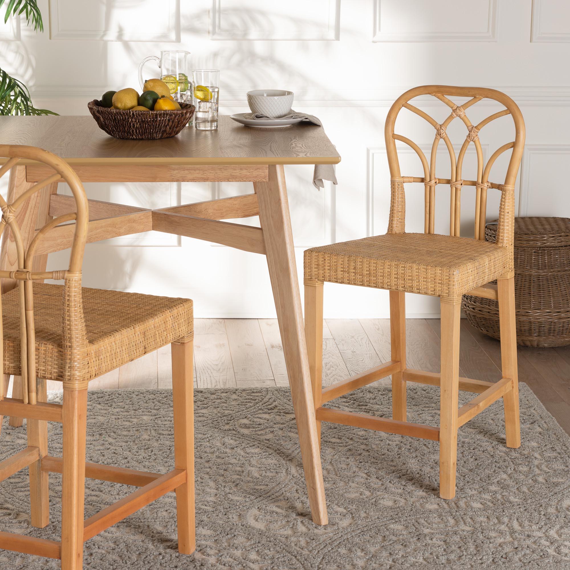 bali & pari Monaco Modern Bohemian Rattan and Mahogany Wood Counter Stool