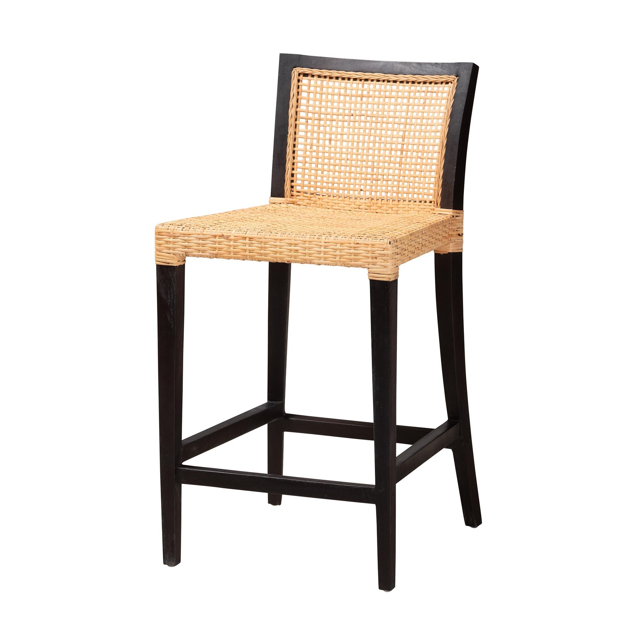 bali & pari Lingga Modern Bohemian Mahogany Wood and Rattan Counter Stool