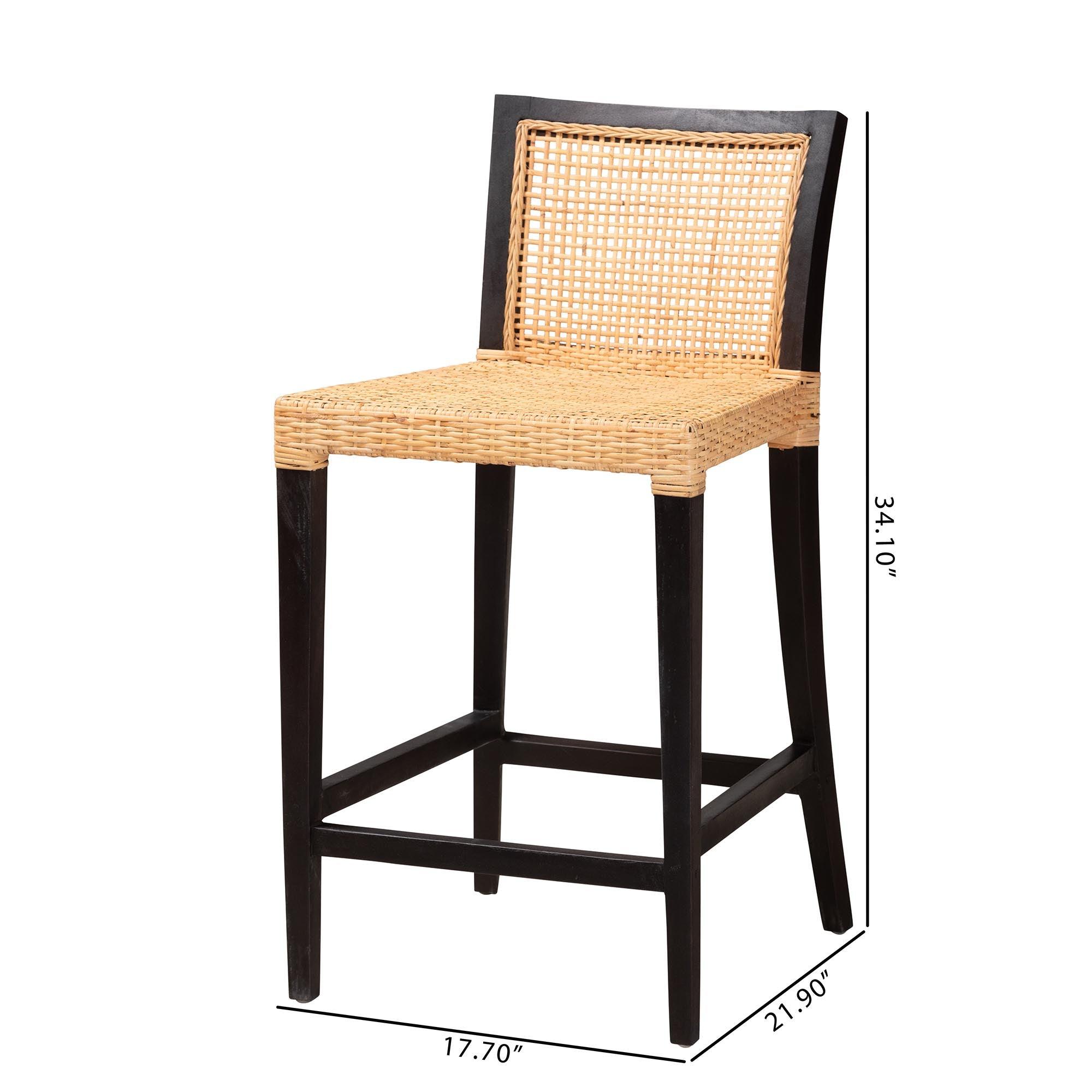 bali & pari Lingga Modern Bohemian Mahogany Wood and Rattan Counter Stool