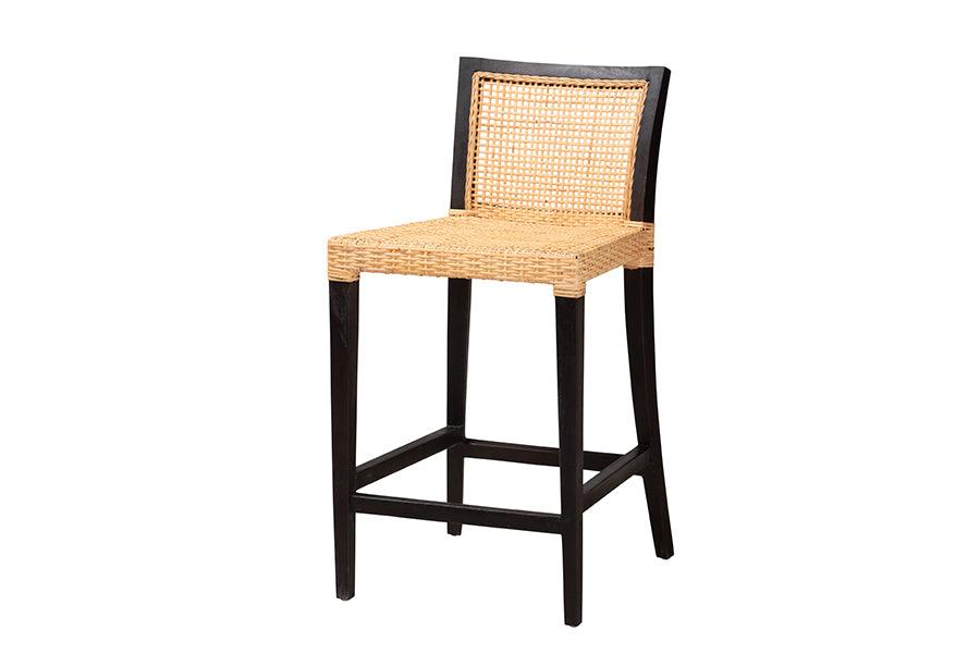 bali & pari Lingga Modern Bohemian Mahogany Wood and Rattan Counter Stool