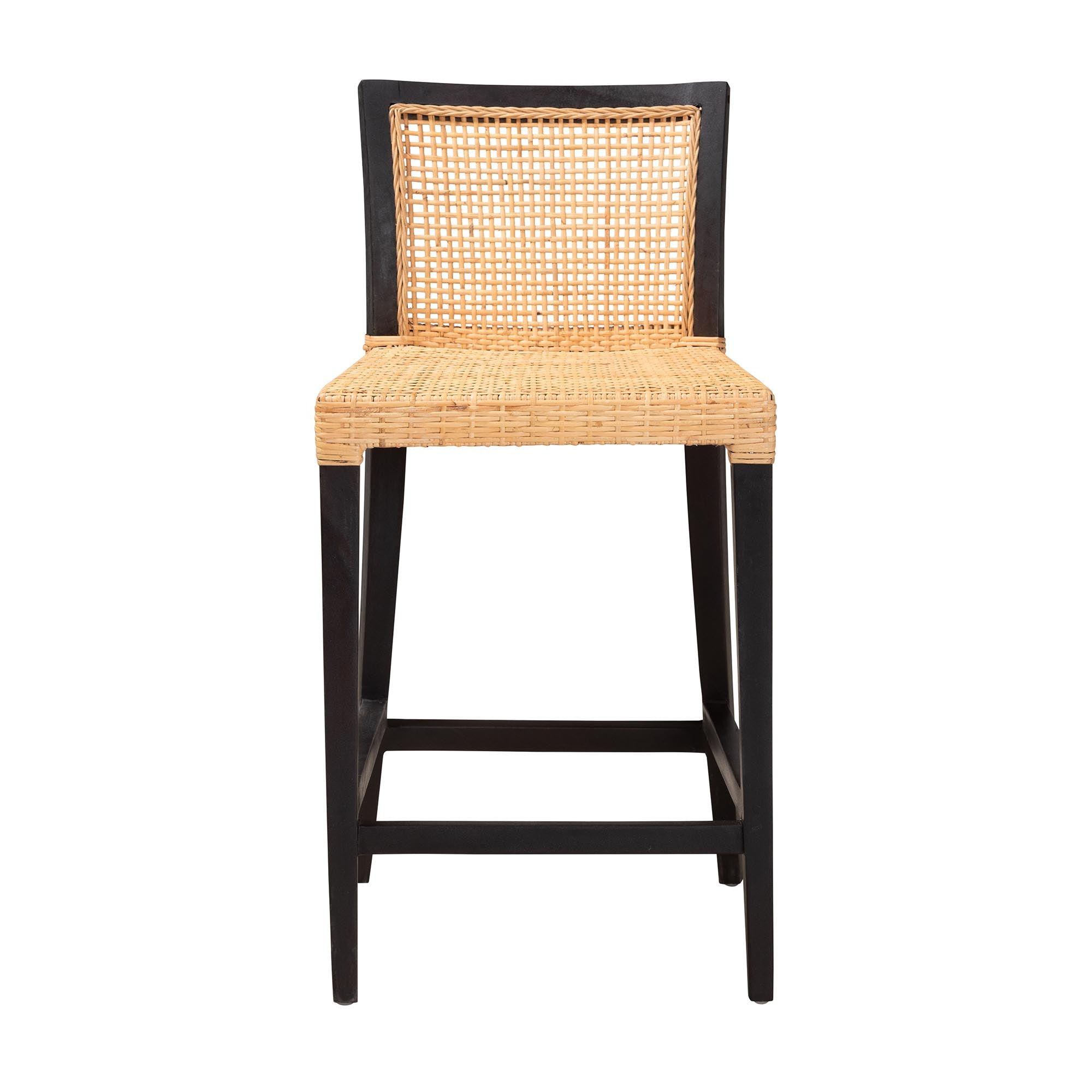 bali & pari Lingga Modern Bohemian Mahogany Wood and Rattan Counter Stool