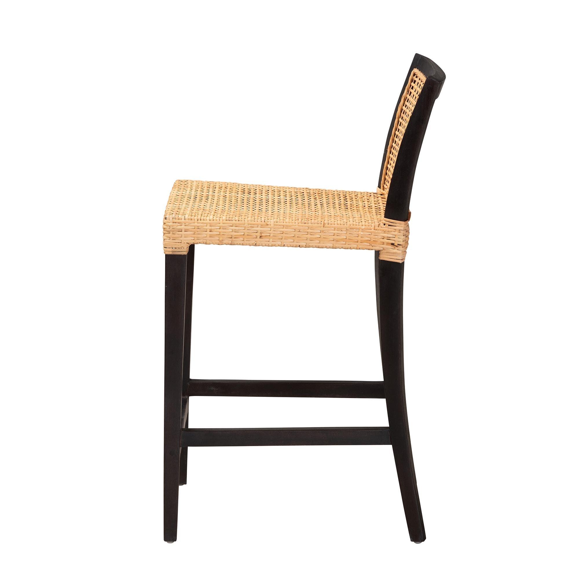 bali & pari Lingga Modern Bohemian Mahogany Wood and Rattan Counter Stool