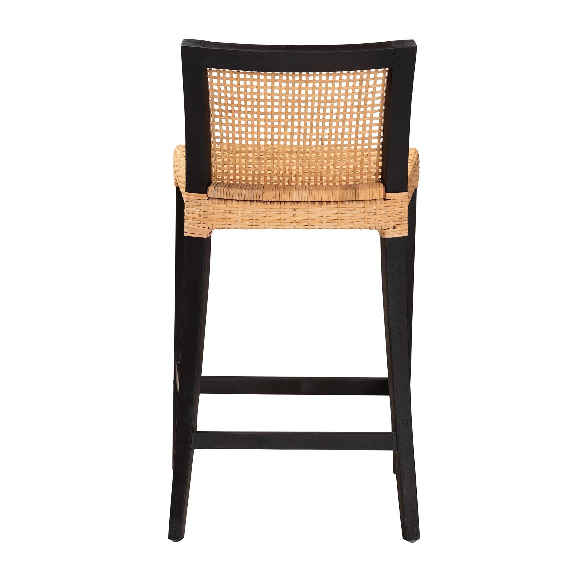 bali & pari Lingga Modern Bohemian Mahogany Wood and Rattan Counter Stool