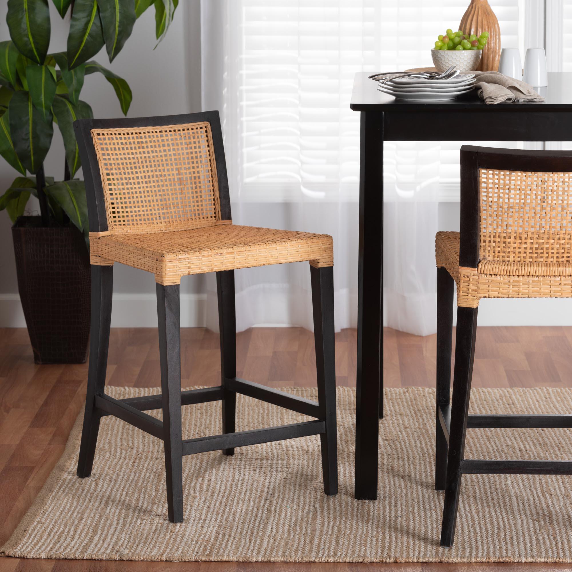 bali & pari Lingga Modern Bohemian Mahogany Wood and Rattan Counter Stool