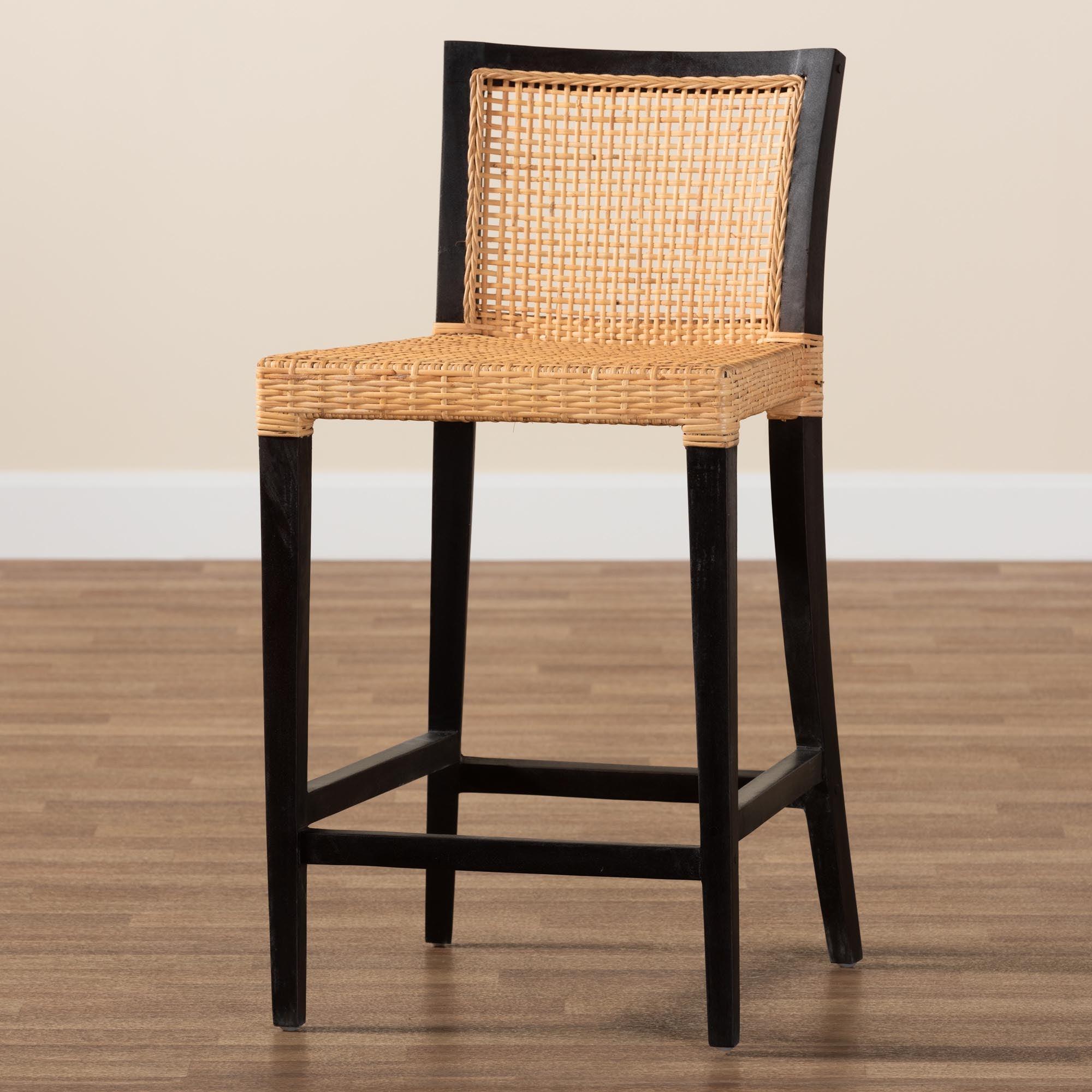 bali & pari Lingga Modern Bohemian Mahogany Wood and Rattan Counter Stool