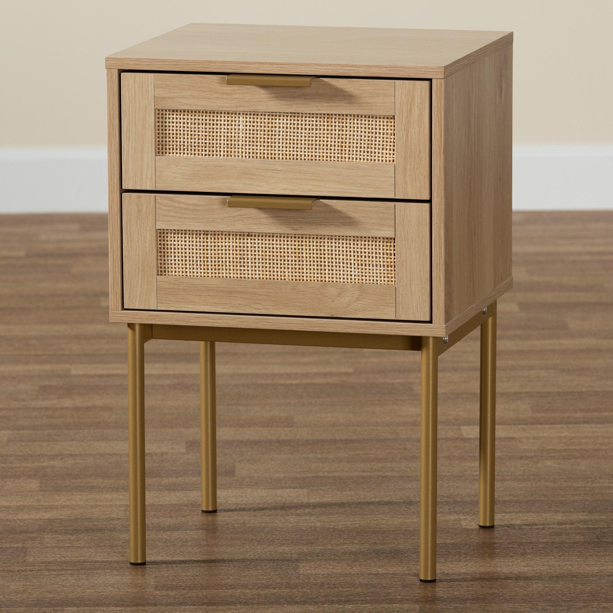 Dewitt Japandi Light Finished Wood and Metal 2-Drawer End Table