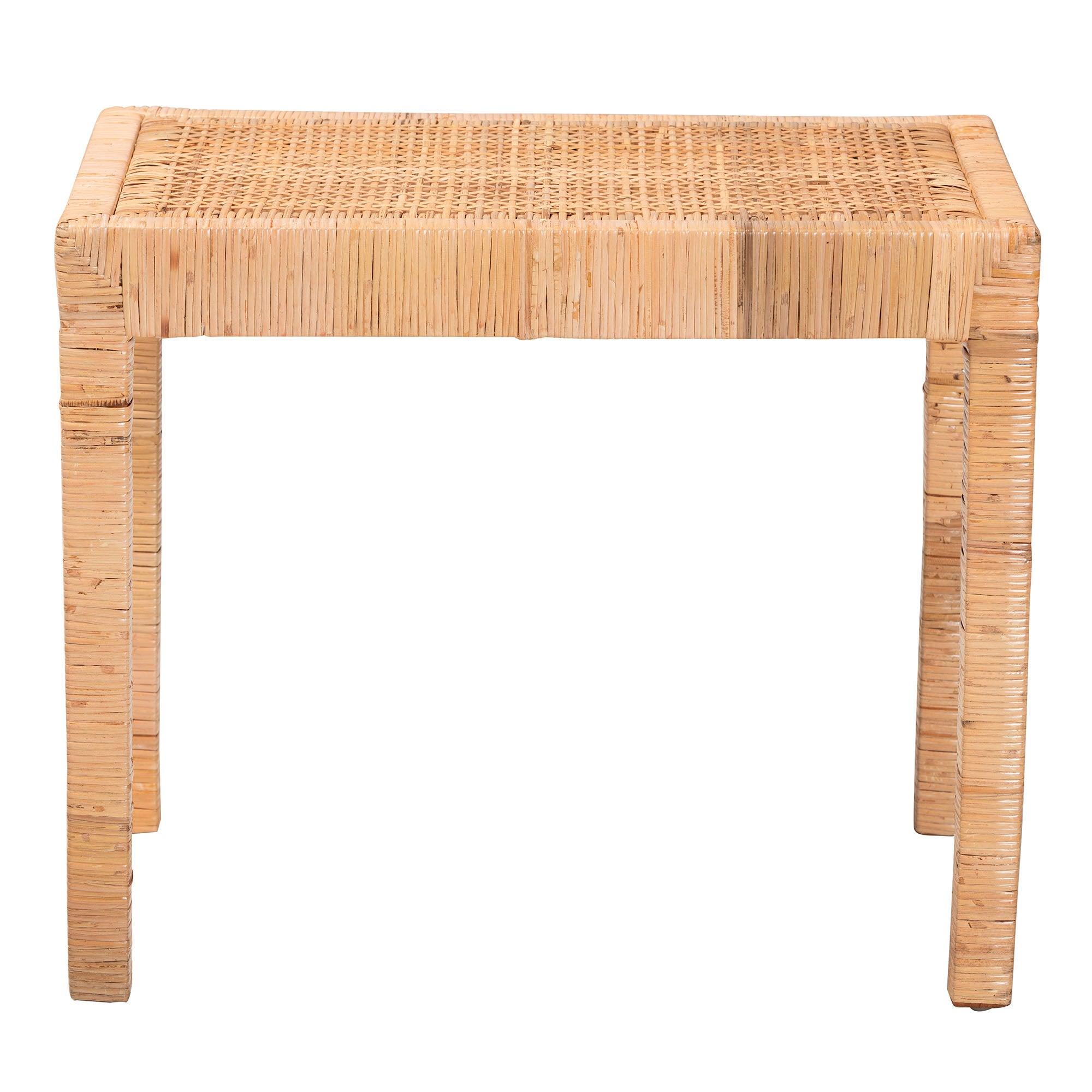 bali & pari Abelia Modern Bohemian Rattan and Mahogany Wood Short Accent Bench