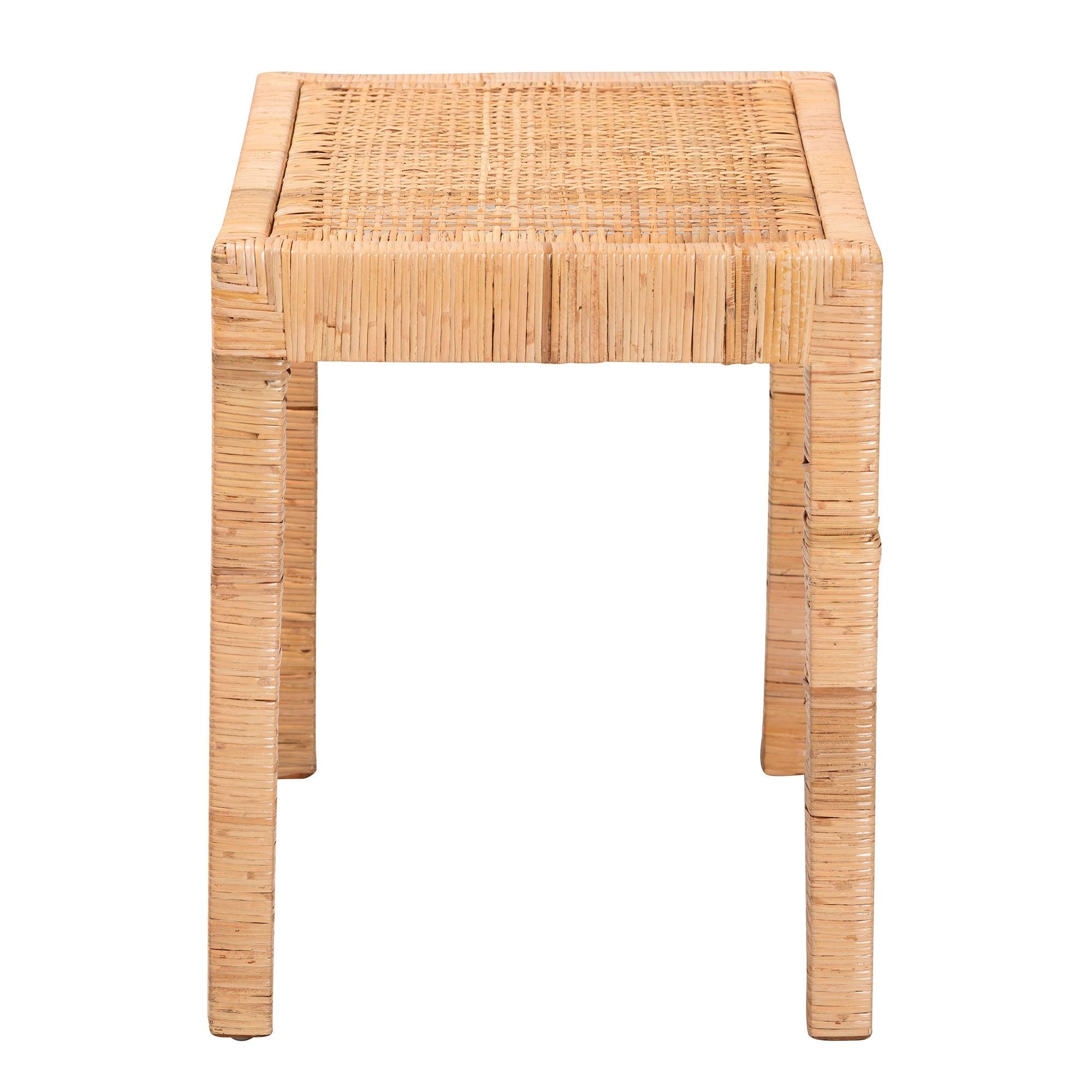 bali & pari Abelia Modern Bohemian Rattan and Mahogany Wood Short Accent Bench