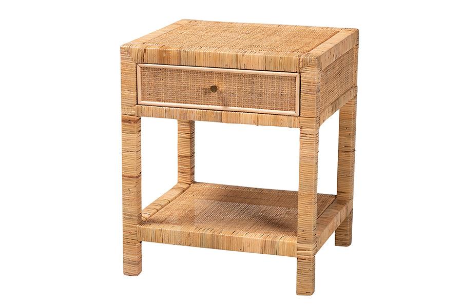 bali & pari Adelia Modern Bohemian Rattan and Mahogany Wood 1-Drawer Nightstand