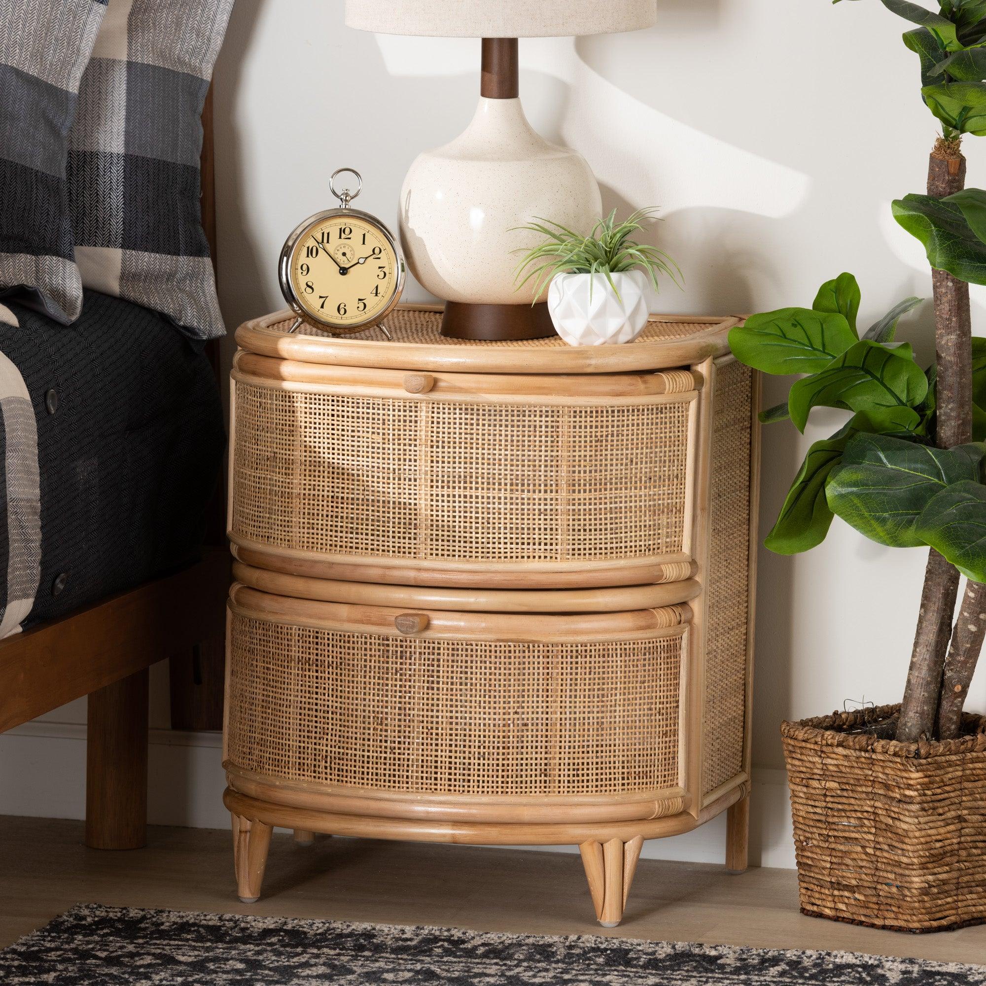 bali & pari Oleta Modern Bohemian Rattan 2-Drawer Nightstand