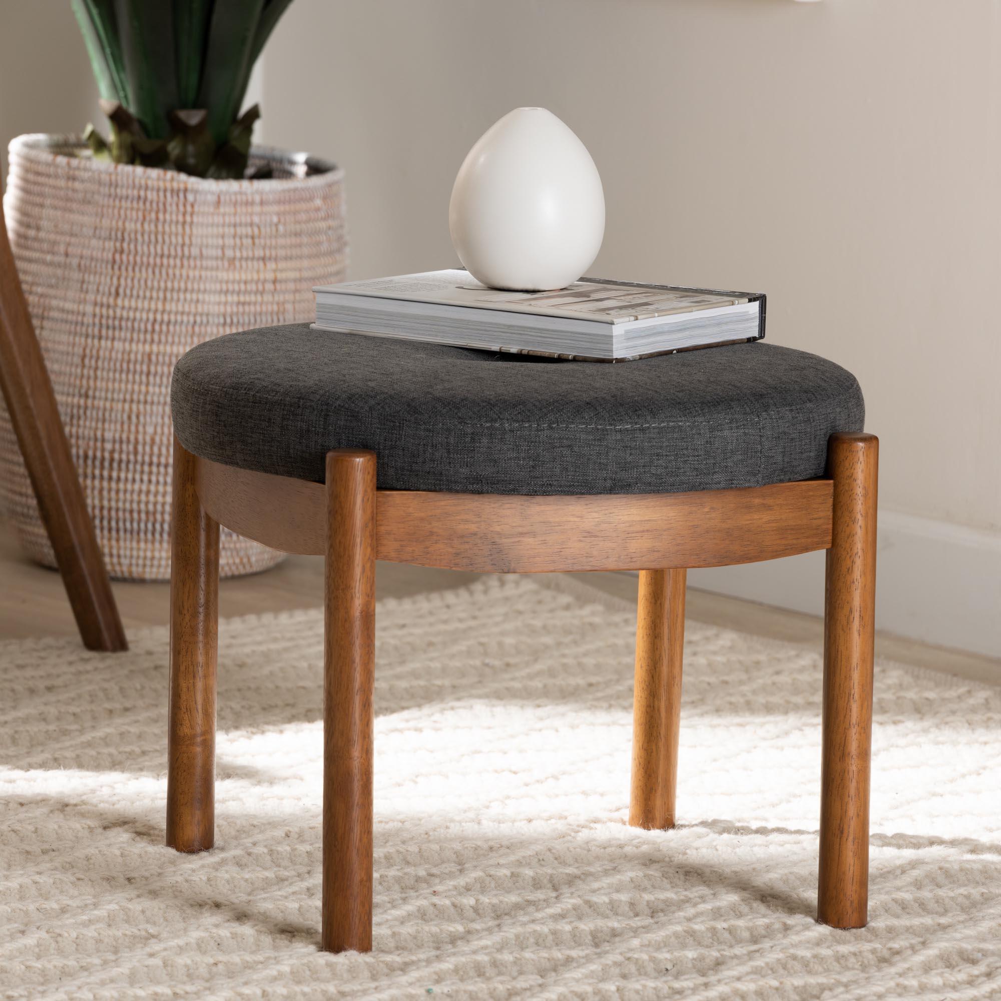 Iliana Japandi Dark Fabric and Finished Wood Ottoman Footstool