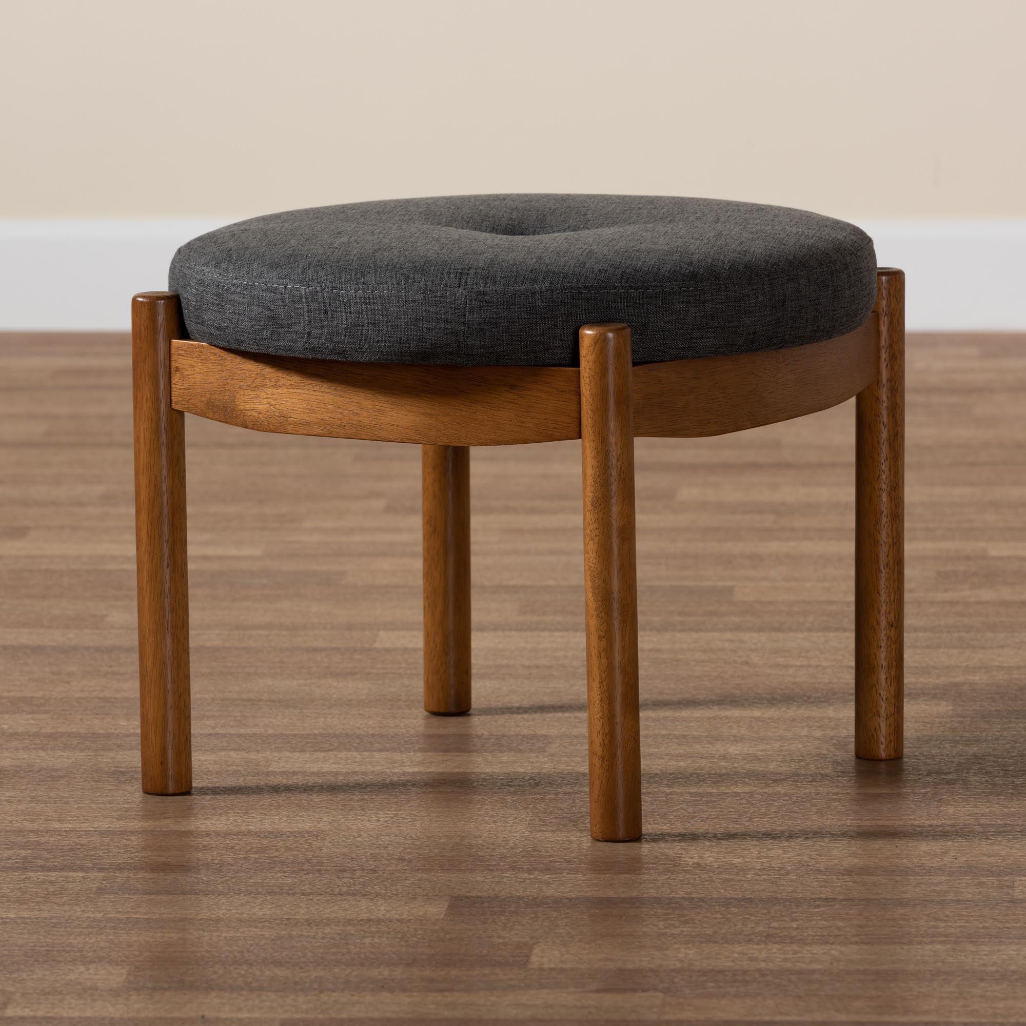 Iliana Japandi Dark Fabric and Finished Wood Ottoman Footstool