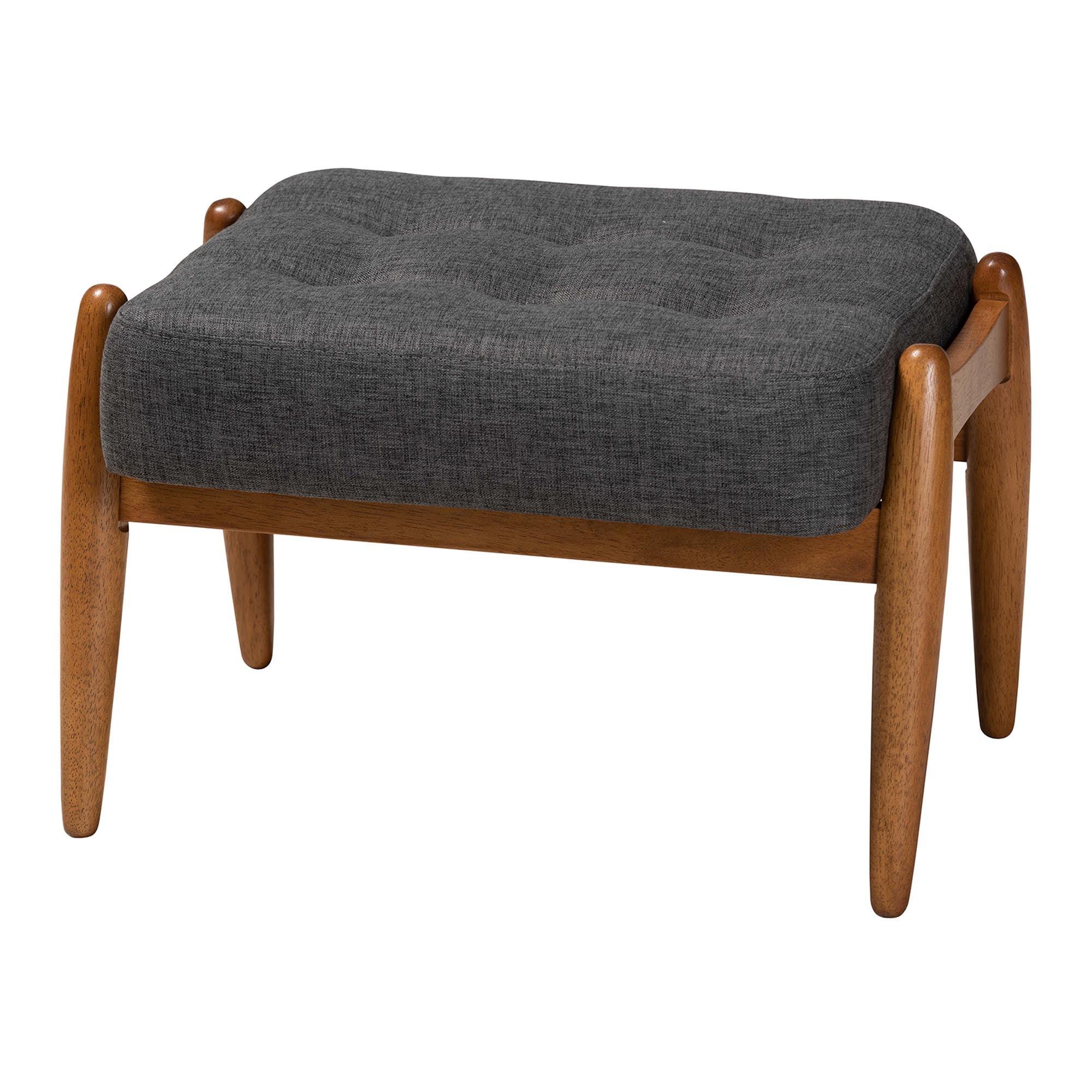 Jeanine Japandi Dark Fabric and Finished Wood Ottoman Footstool