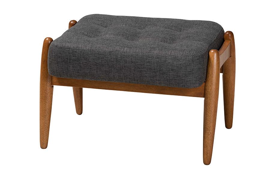 Jeanine Japandi Dark Fabric and Finished Wood Ottoman Footstool