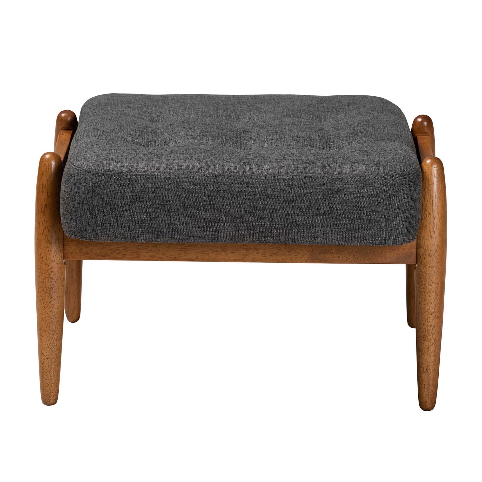 Jeanine Japandi Dark Fabric and Finished Wood Ottoman Footstool