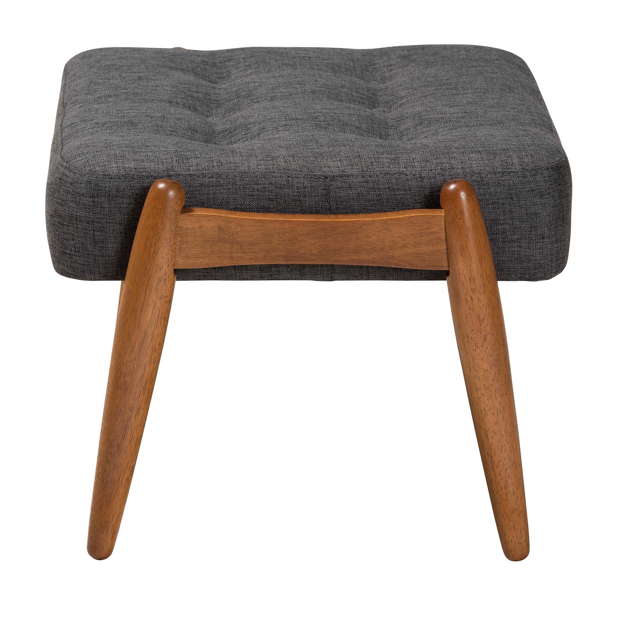 Jeanine Japandi Dark Fabric and Finished Wood Ottoman Footstool