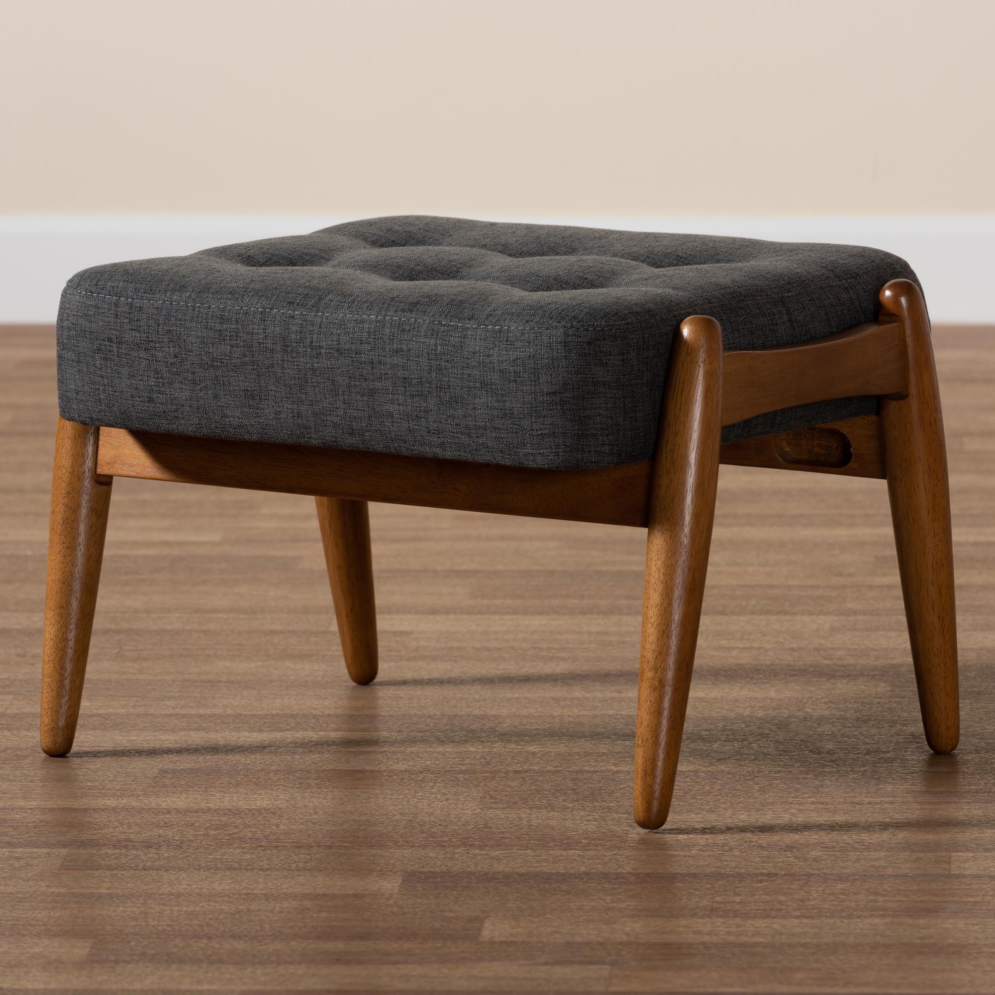 Jeanine Japandi Dark Fabric and Finished Wood Ottoman Footstool