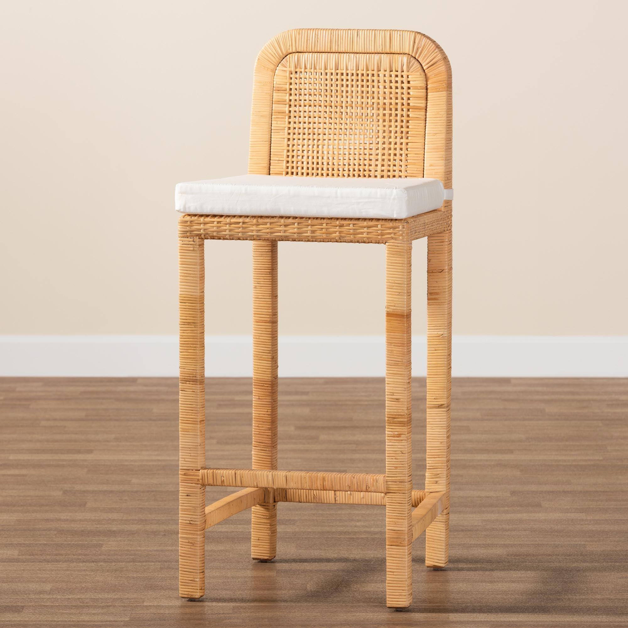 bali & pari Zariah Modern Bohemian Rattan and Mahogany Wood Bar Stool