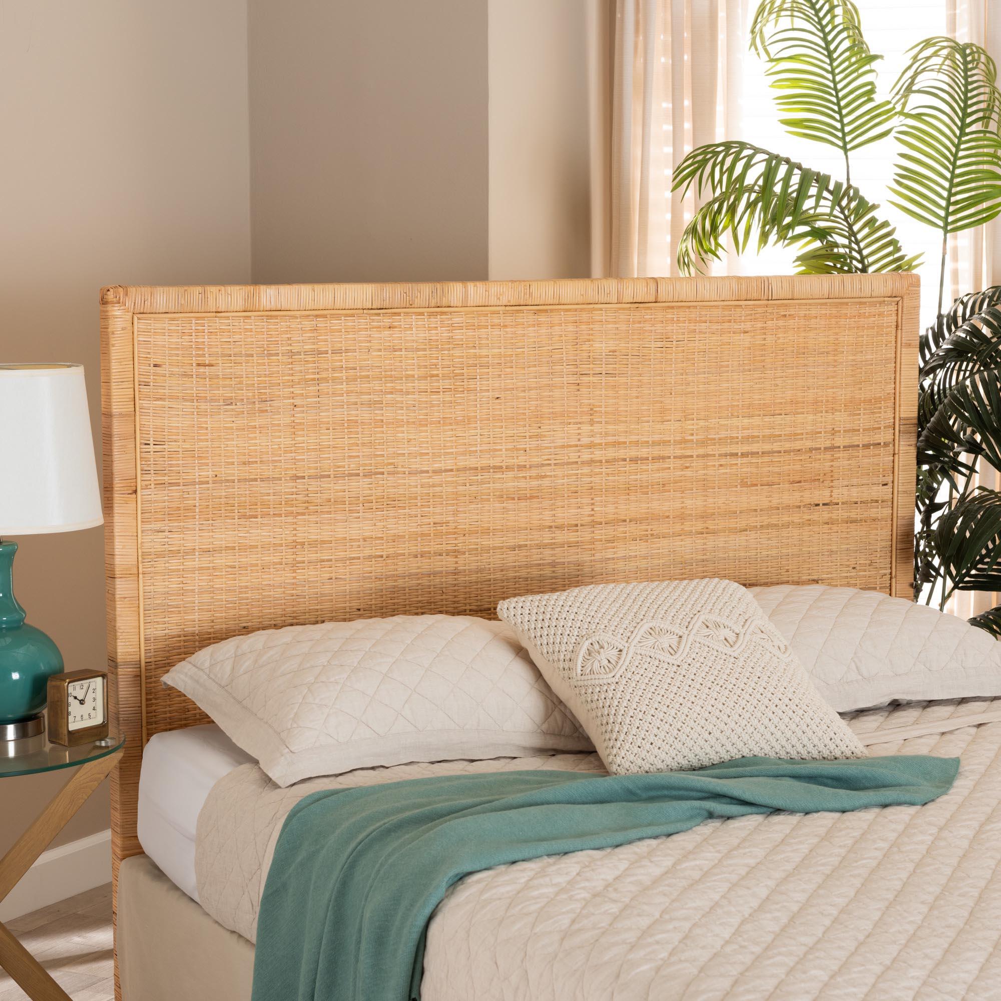 bali & pari Adelyn Modern Bohemian Rattan and Mahogany Wood Headboard