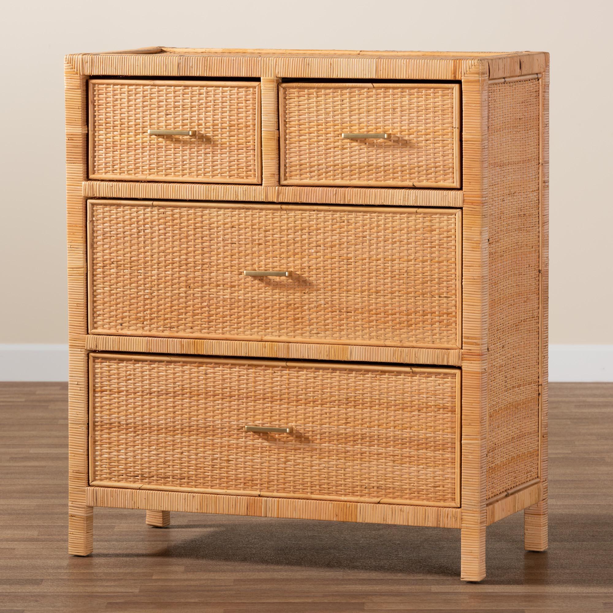 bali & pari Vaere Modern Bohemian Rattan and Mahogany Wood Storage Cabinet