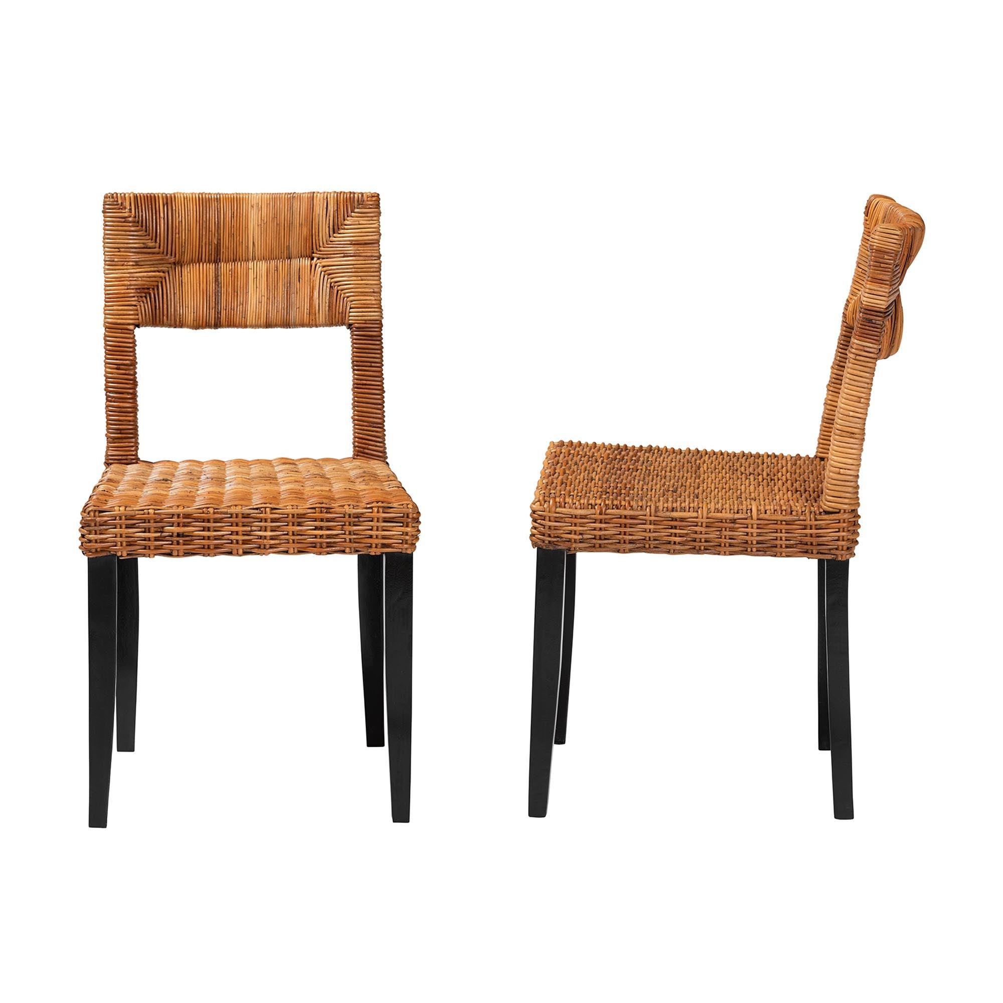 bali & pari Manrico Modern Bohemian Finished Wood and Rattan 2-Piece Dining Chair Set