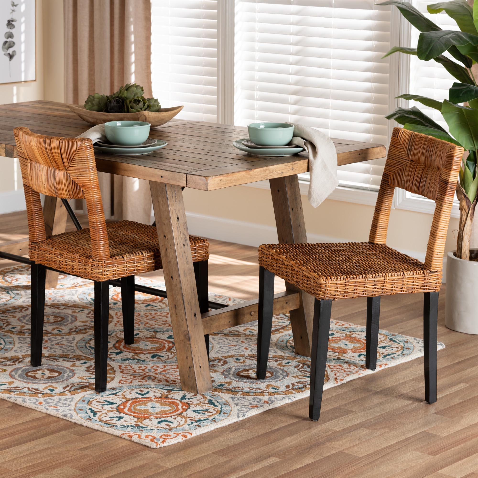 bali & pari Manrico Modern Bohemian Finished Wood and Rattan 2-Piece Dining Chair Set