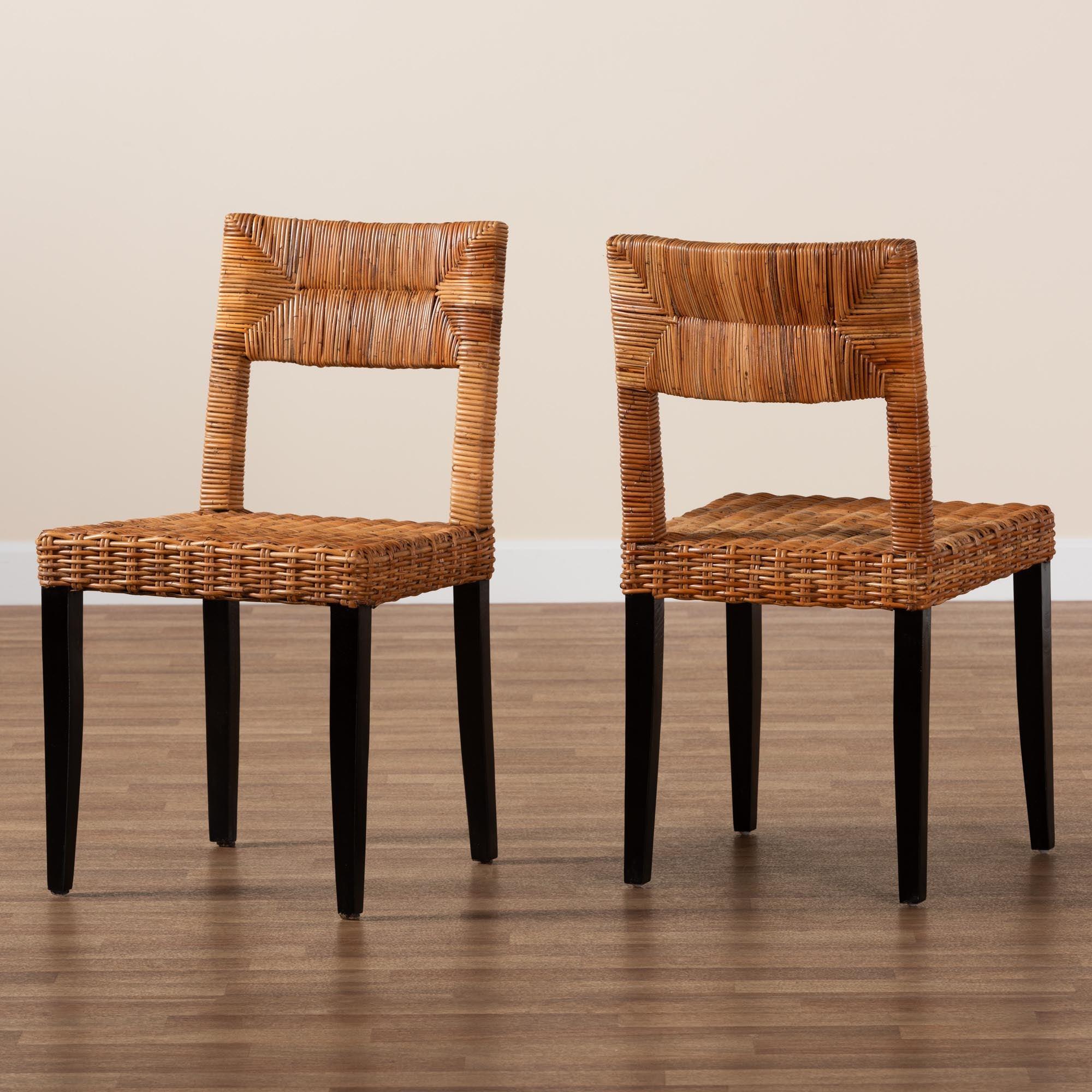 bali & pari Manrico Modern Bohemian Finished Wood and Rattan 2-Piece Dining Chair Set