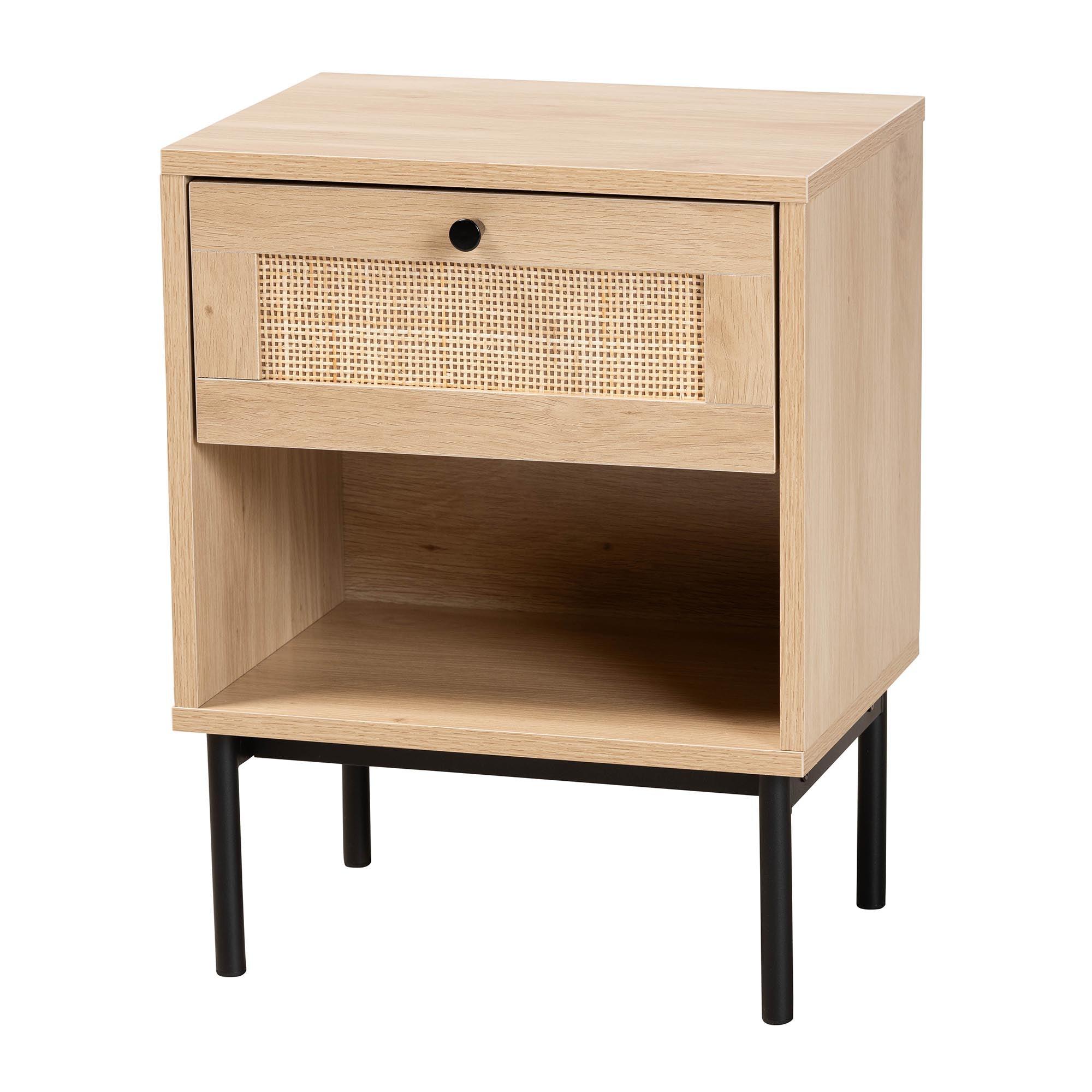 Sherwin Mid-Century Modern Light and 1-Drawer End Table with Woven Rattan Accent