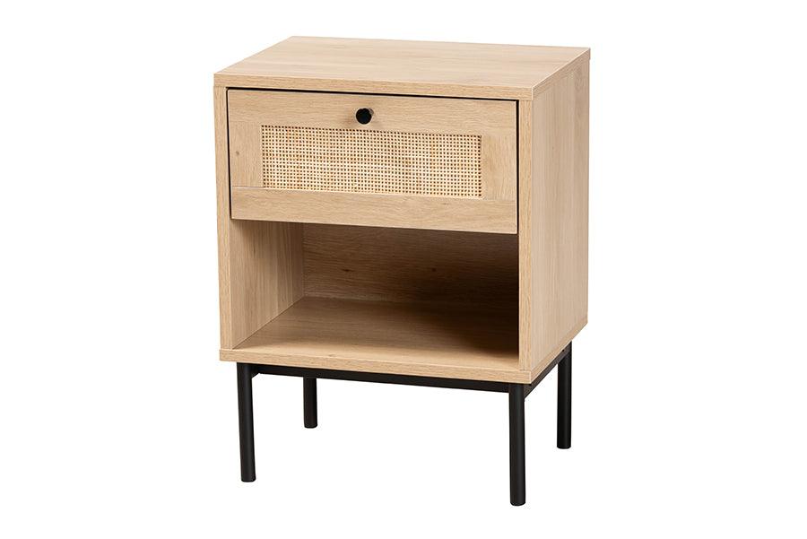 Sherwin Mid-Century Modern Light and 1-Drawer End Table with Woven Rattan Accent