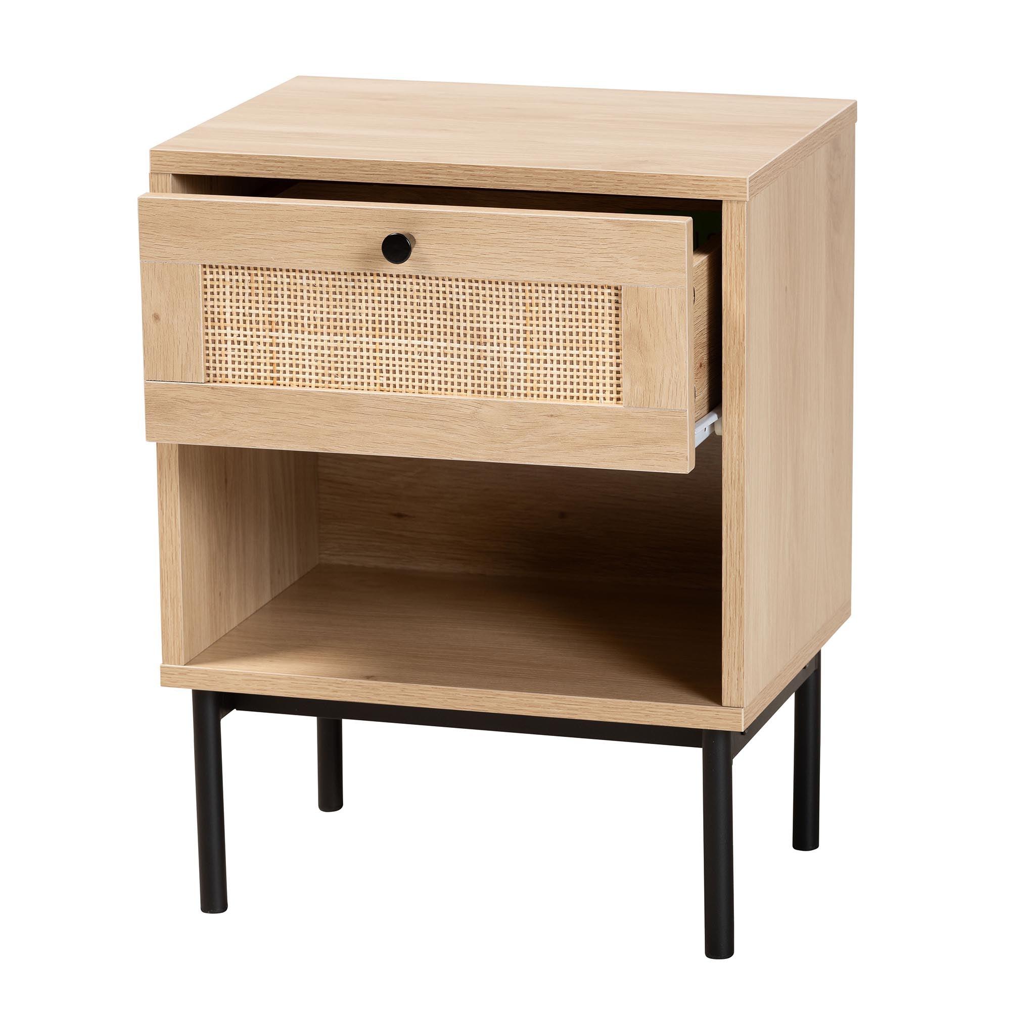 Sherwin Mid-Century Modern Light and 1-Drawer End Table with Woven Rattan Accent