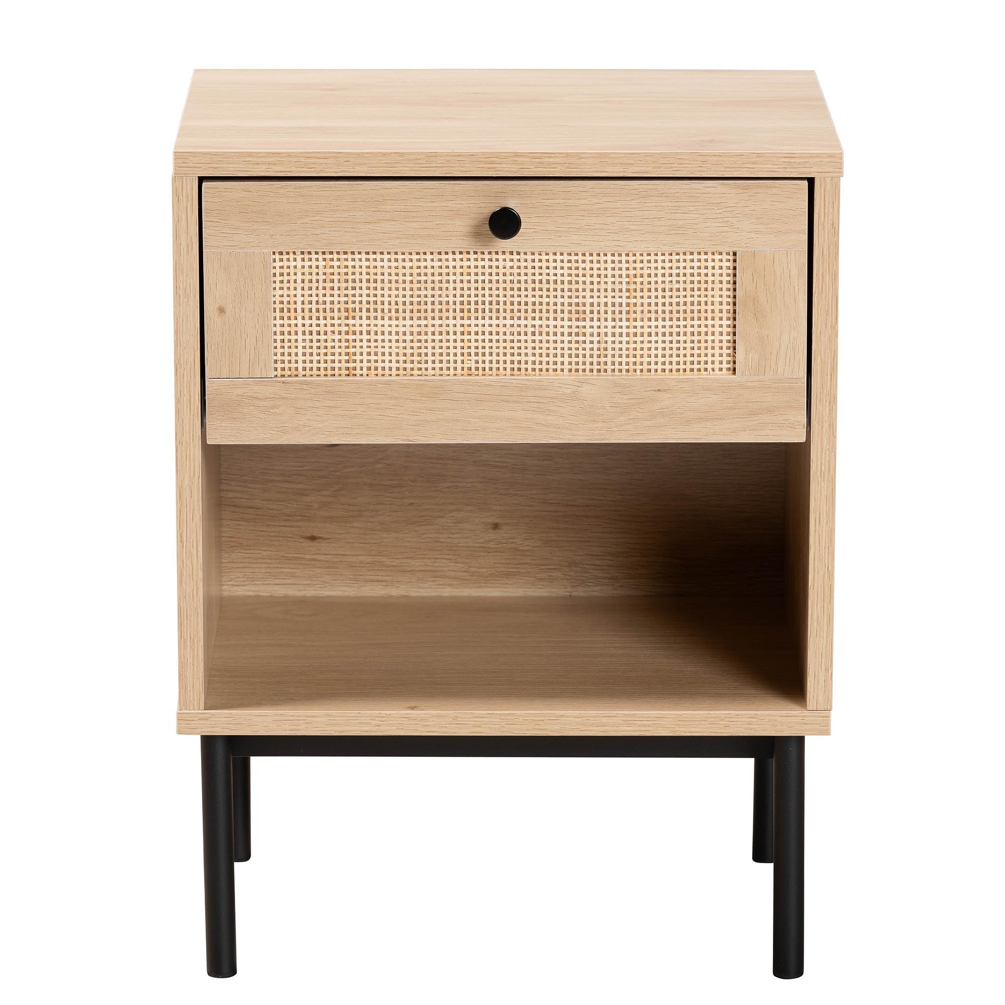 Sherwin Mid-Century Modern Light and 1-Drawer End Table with Woven Rattan Accent