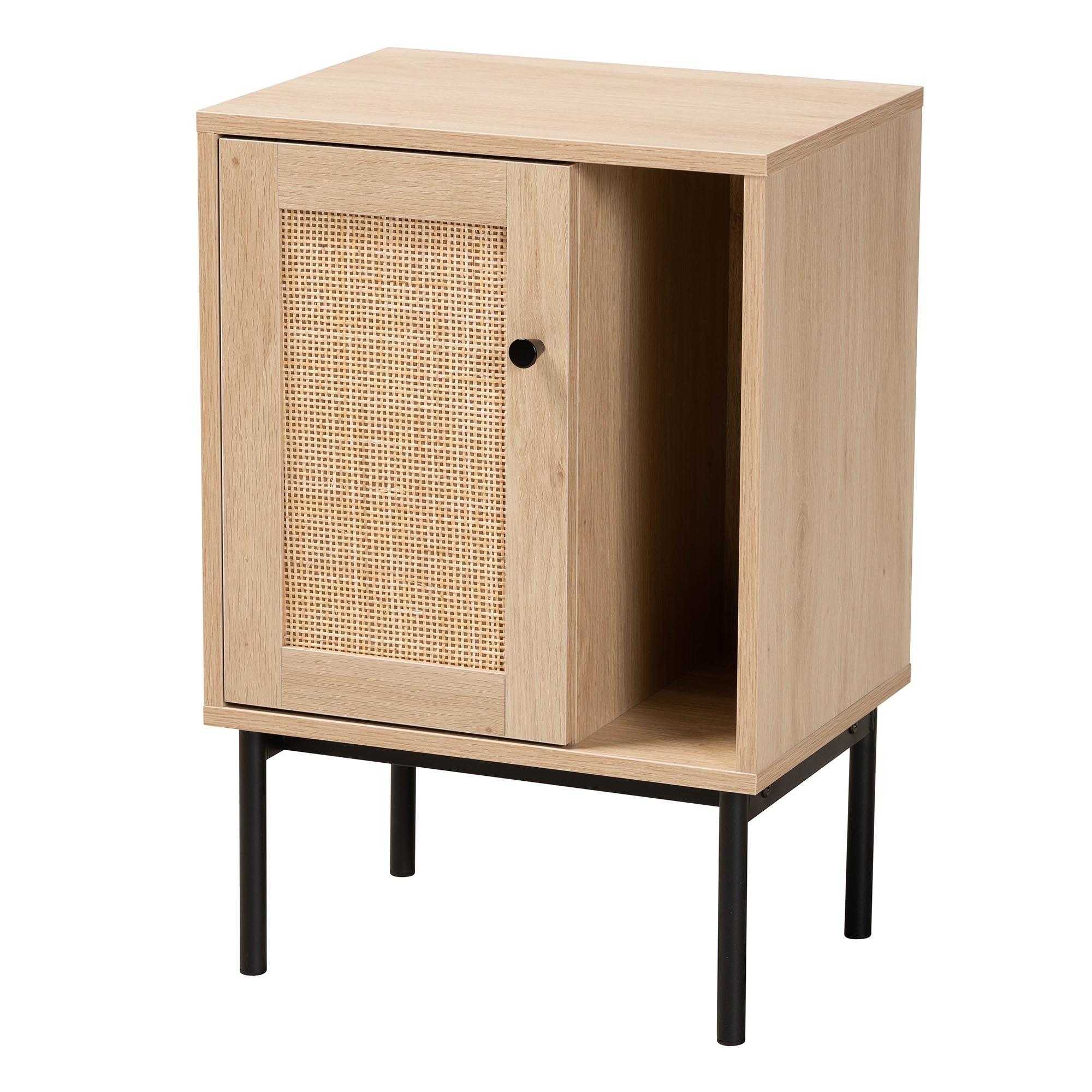 Sherwin Mid-Century Modern Light and 1-Door Cabinet with Woven Rattan Accent