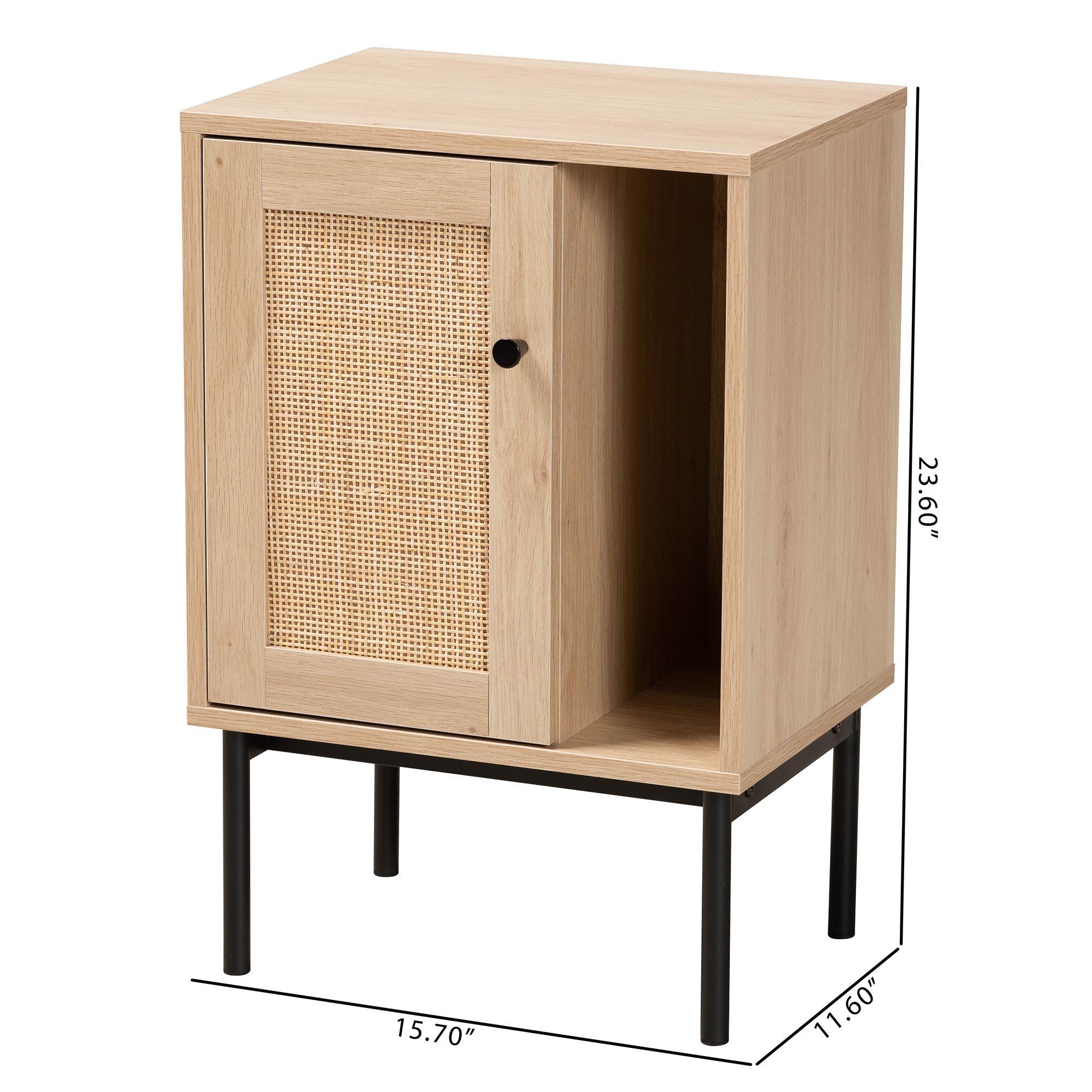 Sherwin Mid-Century Modern Light and 1-Door Cabinet with Woven Rattan Accent