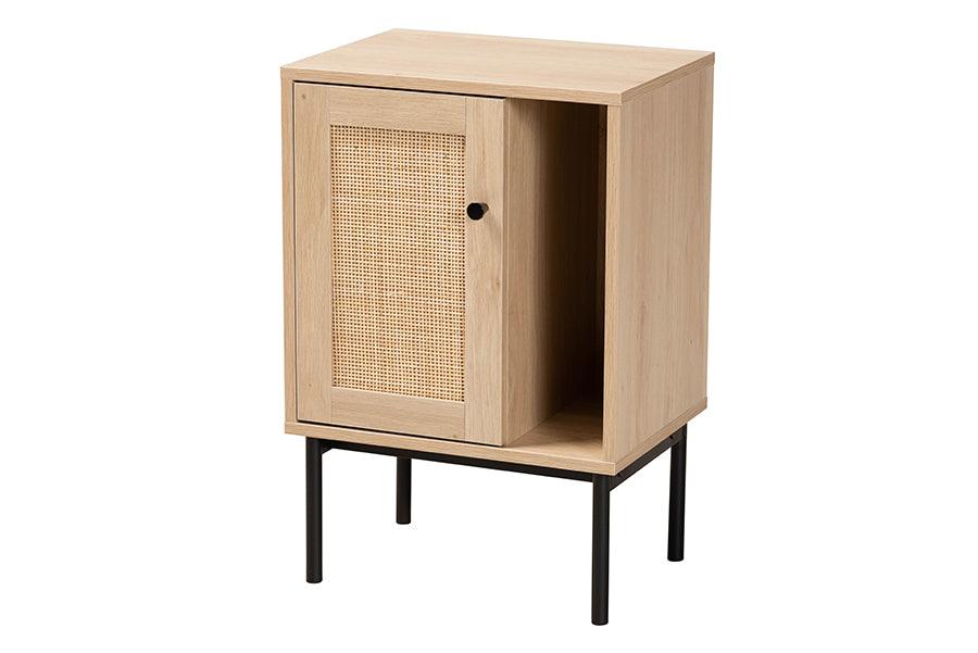 Sherwin Mid-Century Modern Light and 1-Door Cabinet with Woven Rattan Accent