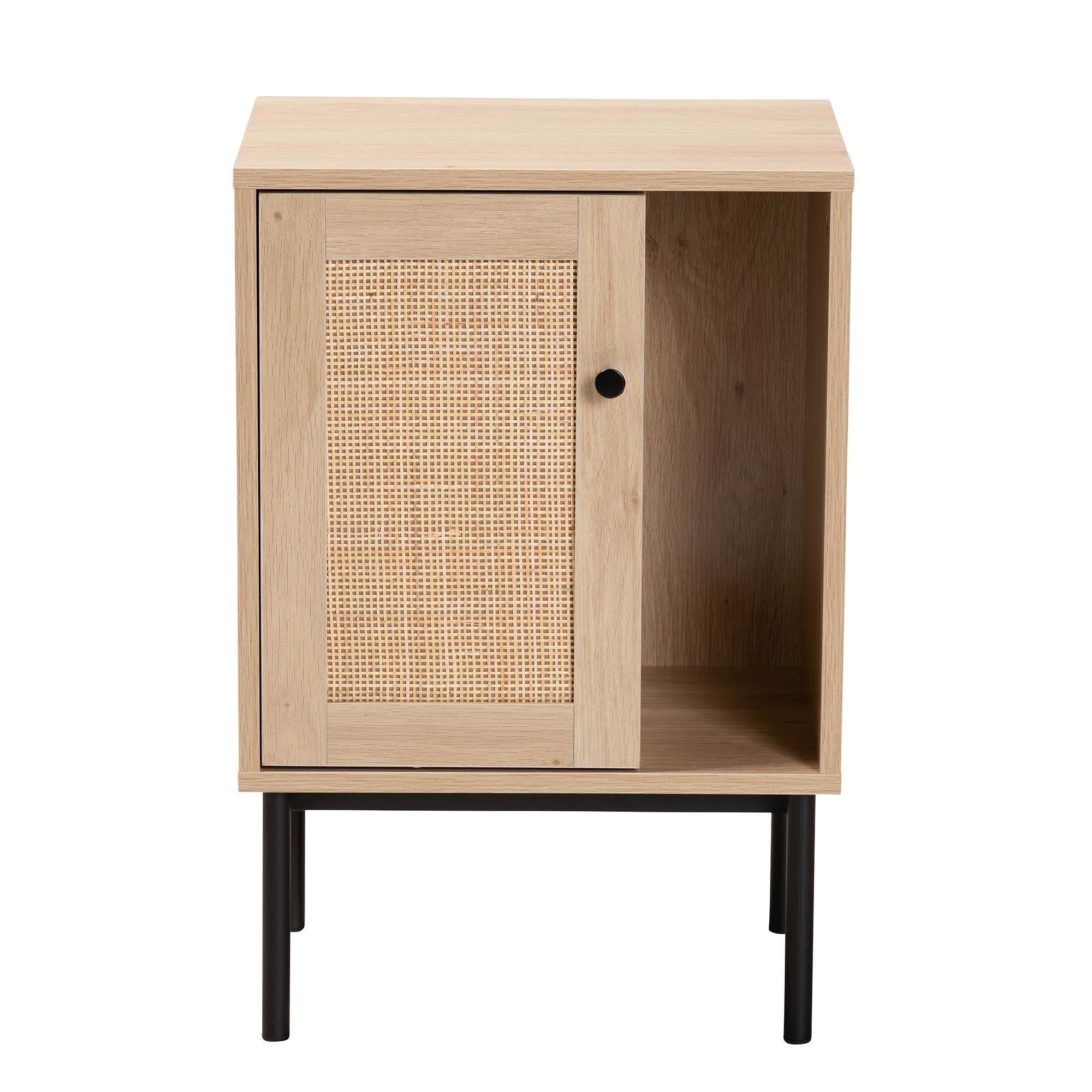 Sherwin Mid-Century Modern Light and 1-Door Cabinet with Woven Rattan Accent