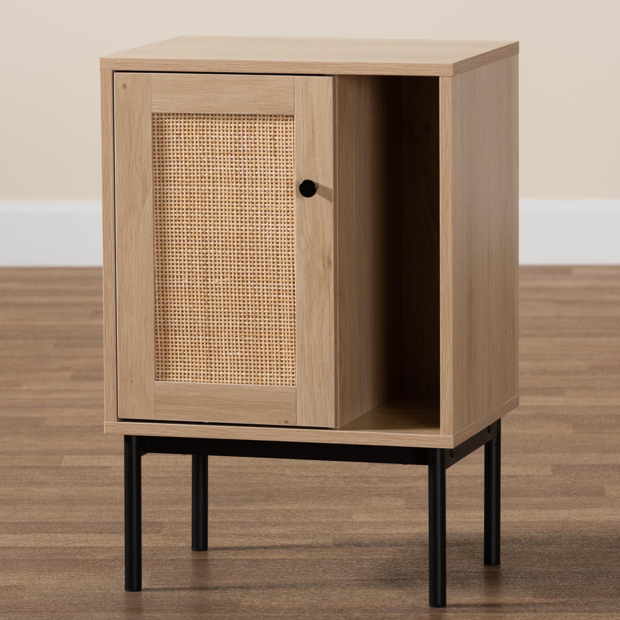 Sherwin Mid-Century Modern Light and 1-Door Cabinet with Woven Rattan Accent