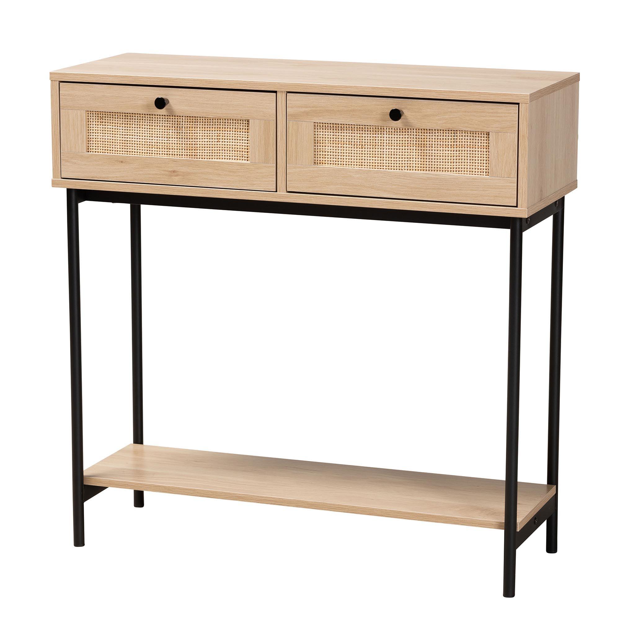 Sherwin Mid-Century Modern Light and 2-Drawer Console Table with Woven Rattan Accent