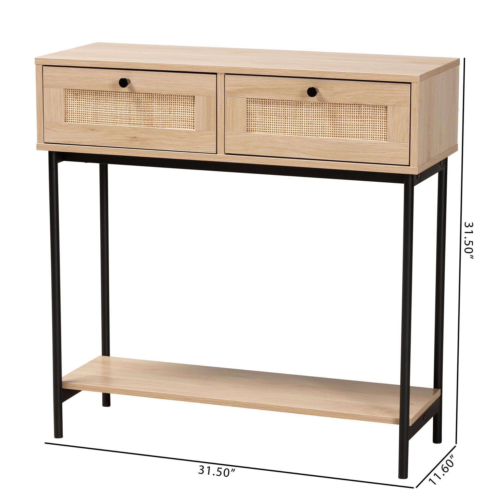 Sherwin Mid-Century Modern Light and 2-Drawer Console Table with Woven Rattan Accent