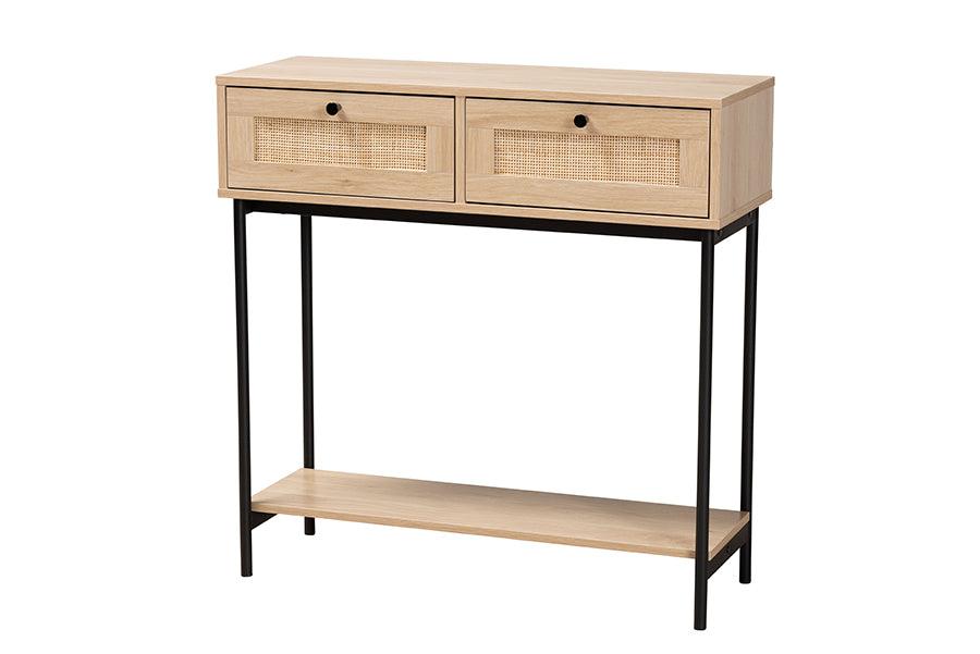 Sherwin Mid-Century Modern Light and 2-Drawer Console Table with Woven Rattan Accent