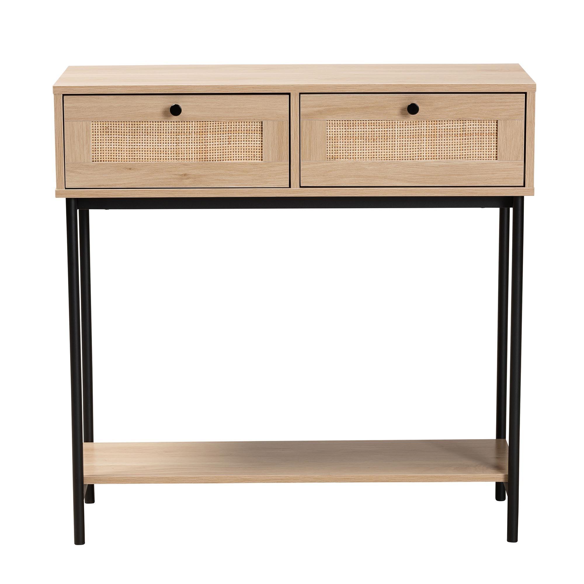 Sherwin Mid-Century Modern Light and 2-Drawer Console Table with Woven Rattan Accent