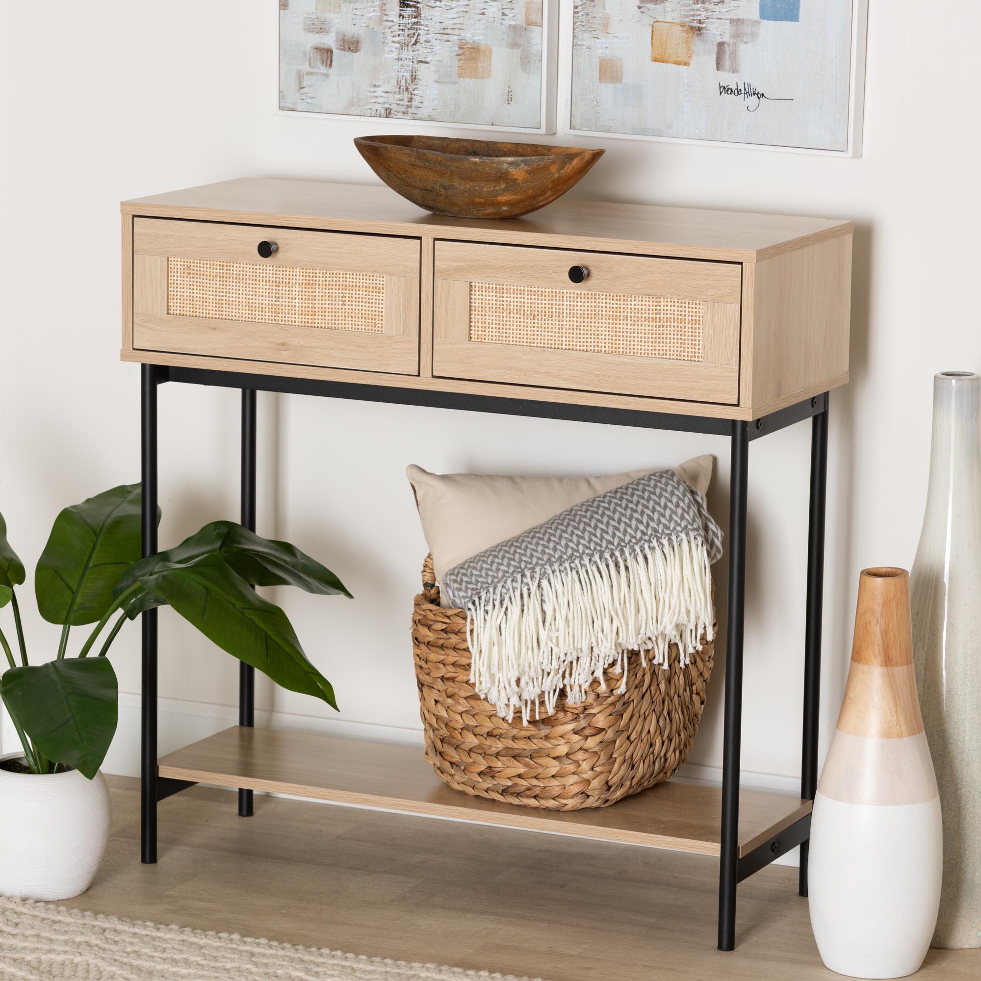 Sherwin Mid-Century Modern Light and 2-Drawer Console Table with Woven Rattan Accent