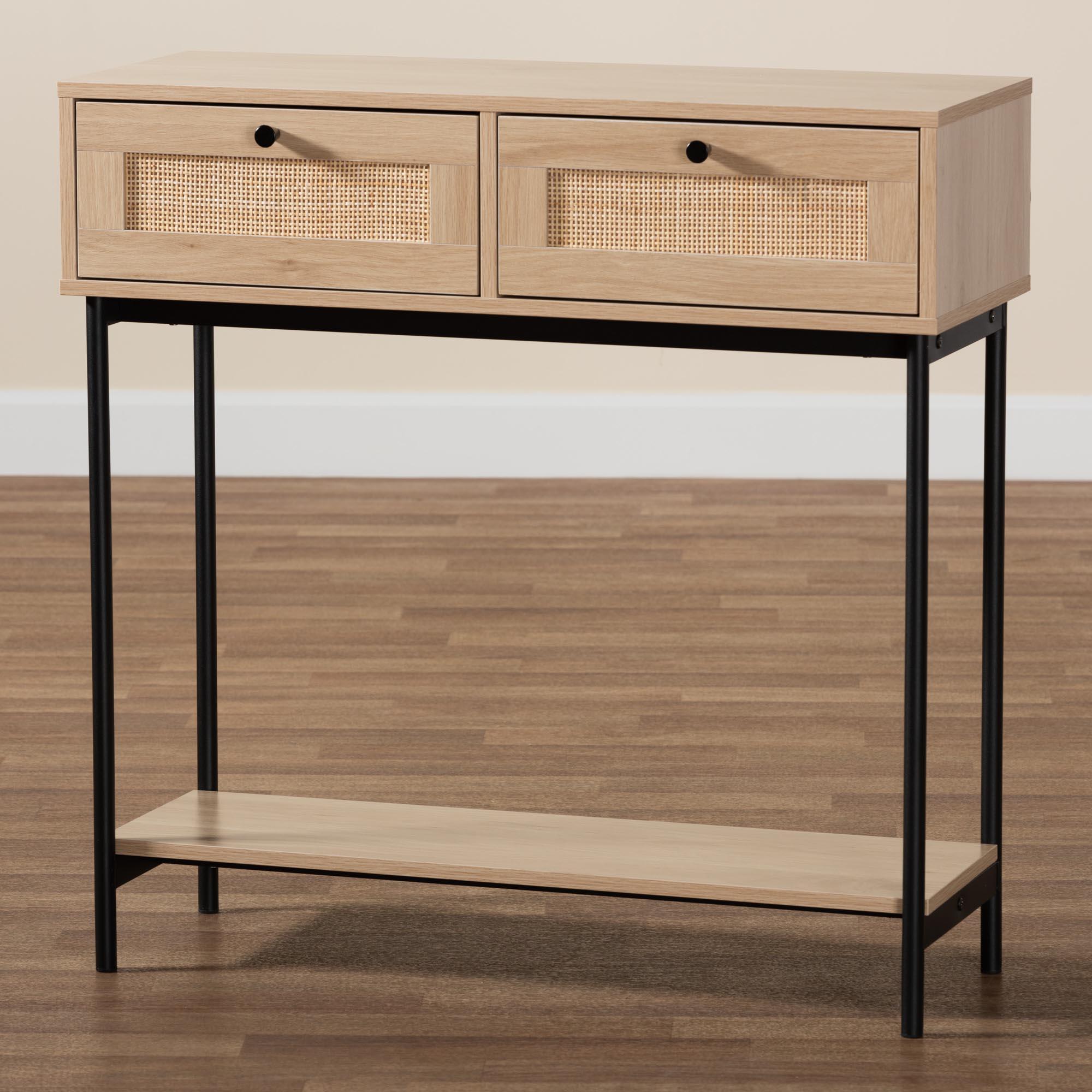 Sherwin Mid-Century Modern Light and 2-Drawer Console Table with Woven Rattan Accent