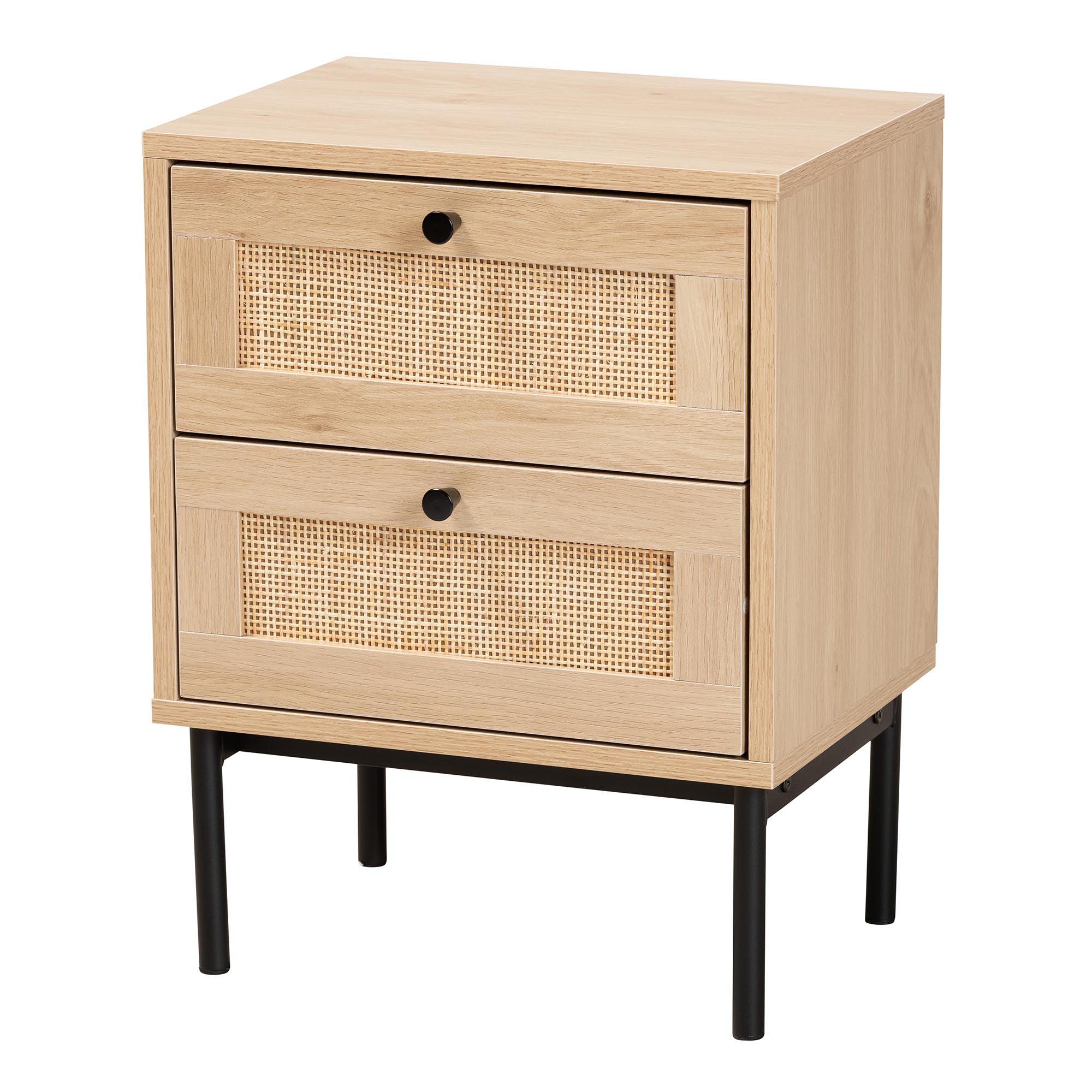 Sherwin Mid-Century Modern Light and 2-Drawer End Table with Woven Rattan Accent