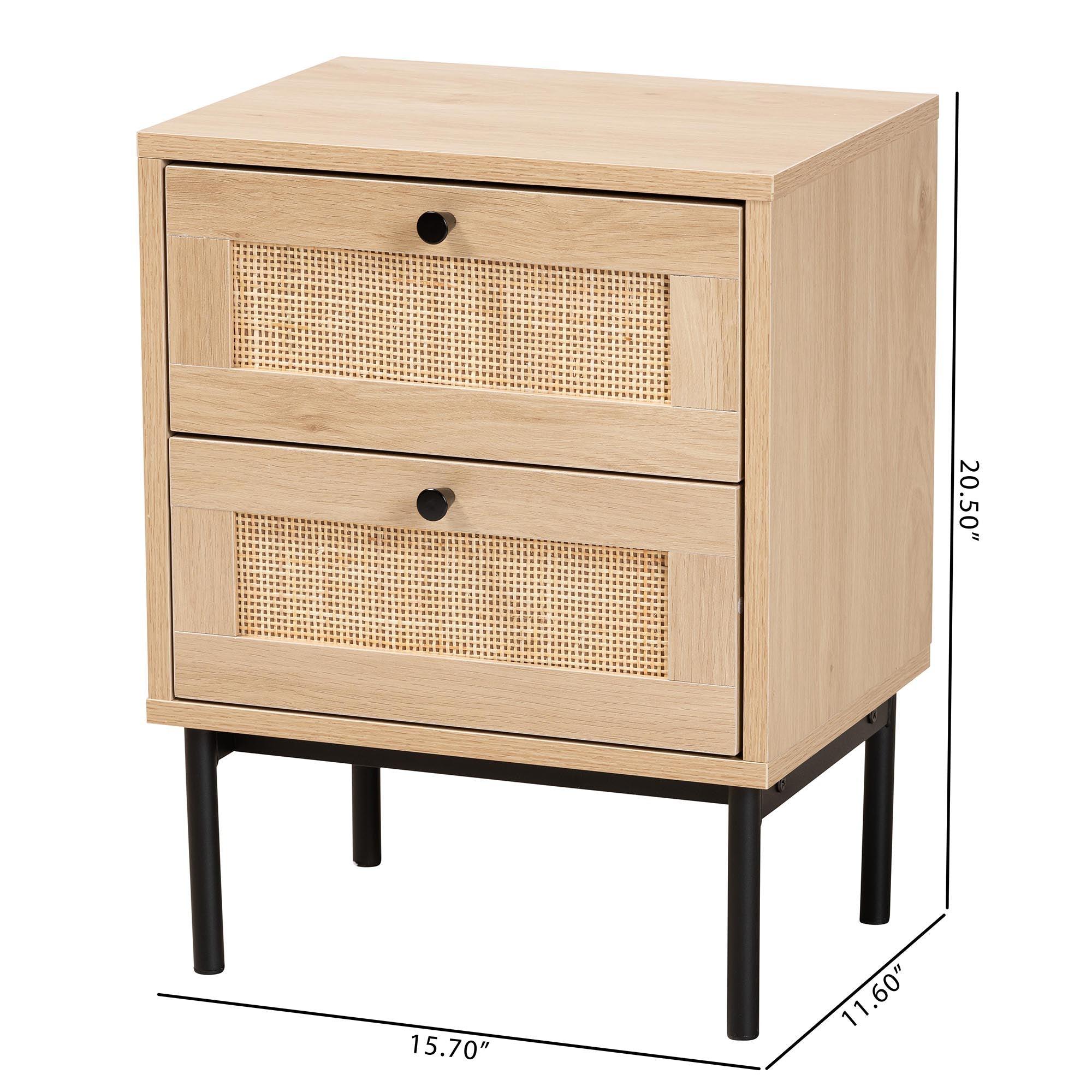 Sherwin Mid-Century Modern Light and 2-Drawer End Table with Woven Rattan Accent