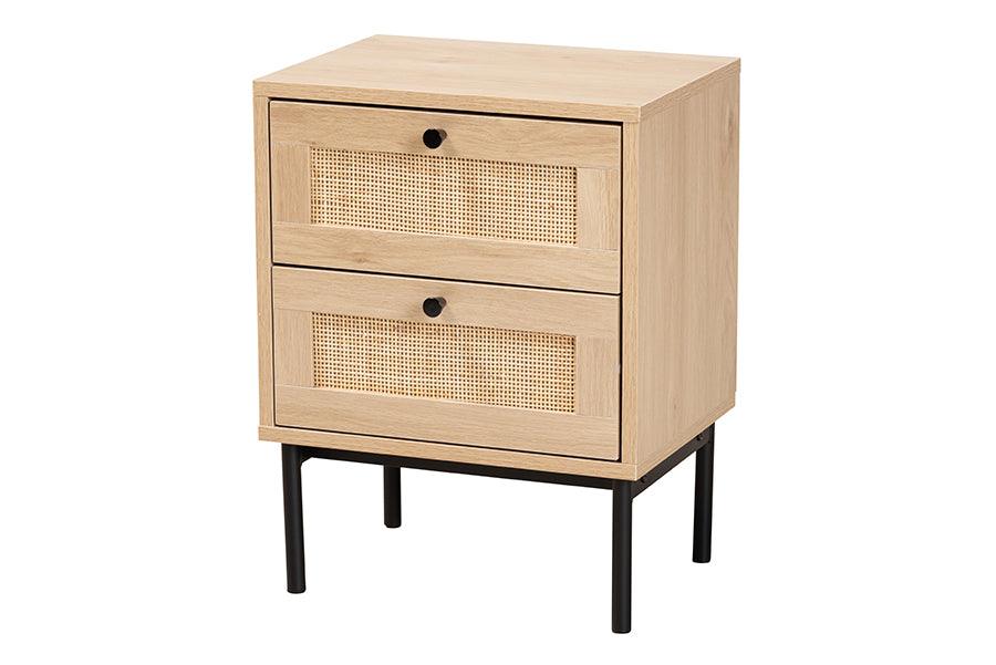 Sherwin Mid-Century Modern Light and 2-Drawer End Table with Woven Rattan Accent