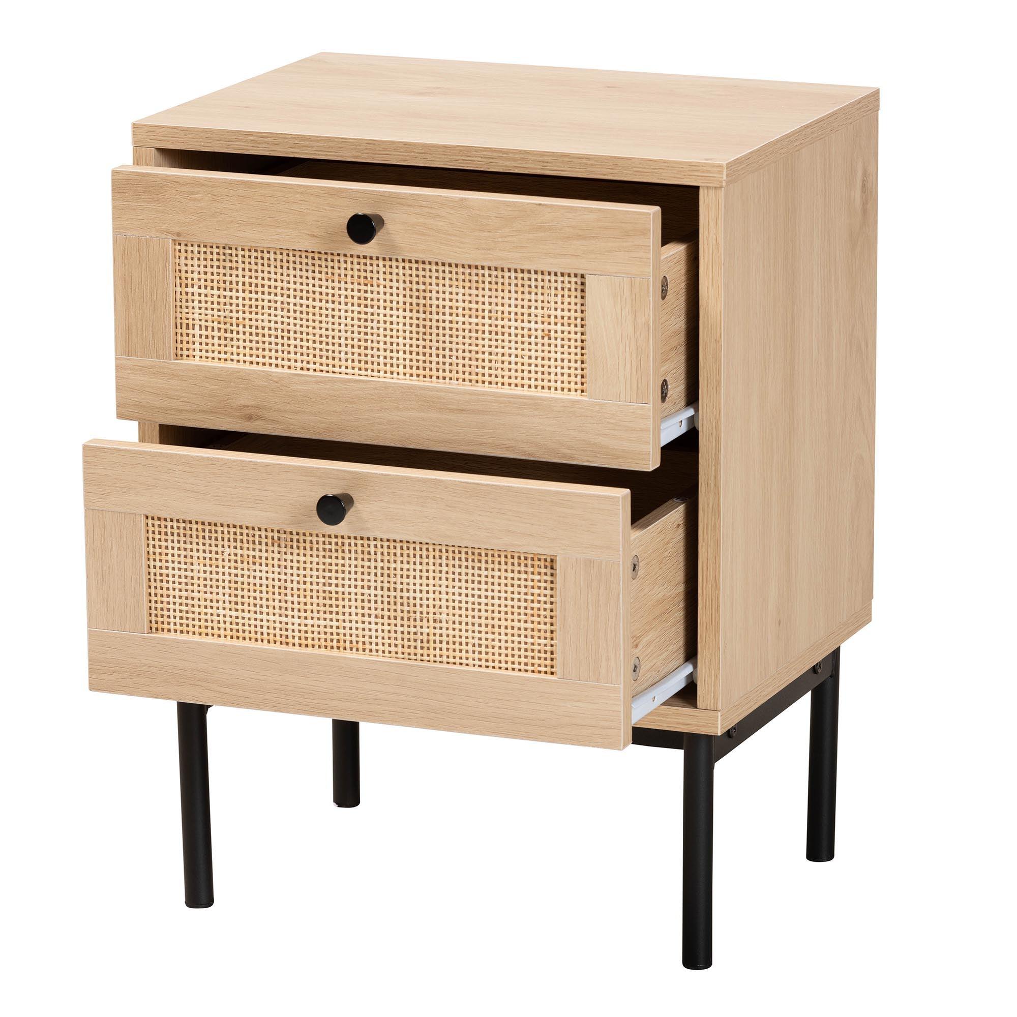 Sherwin Mid-Century Modern Light and 2-Drawer End Table with Woven Rattan Accent