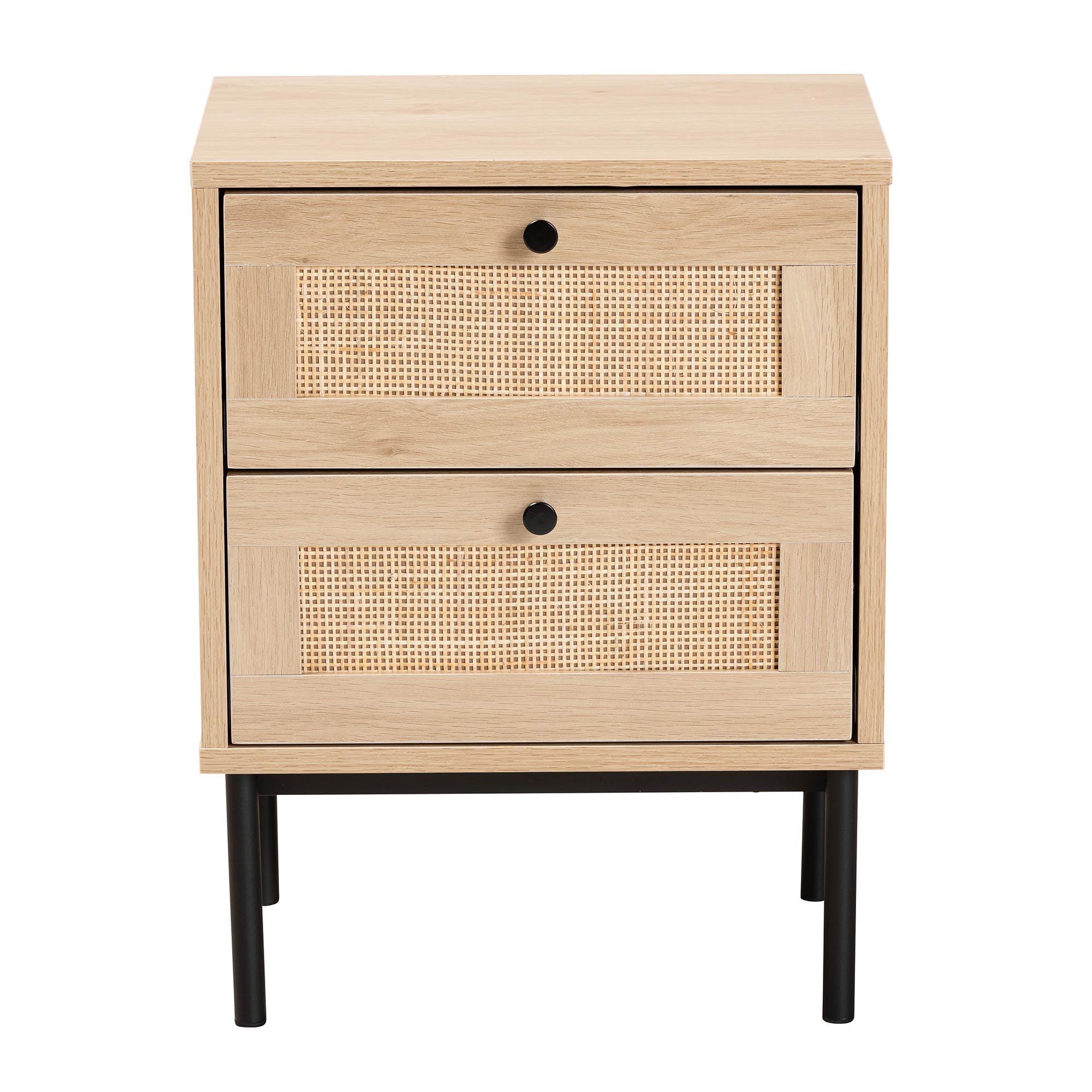 Sherwin Mid-Century Modern Light and 2-Drawer End Table with Woven Rattan Accent